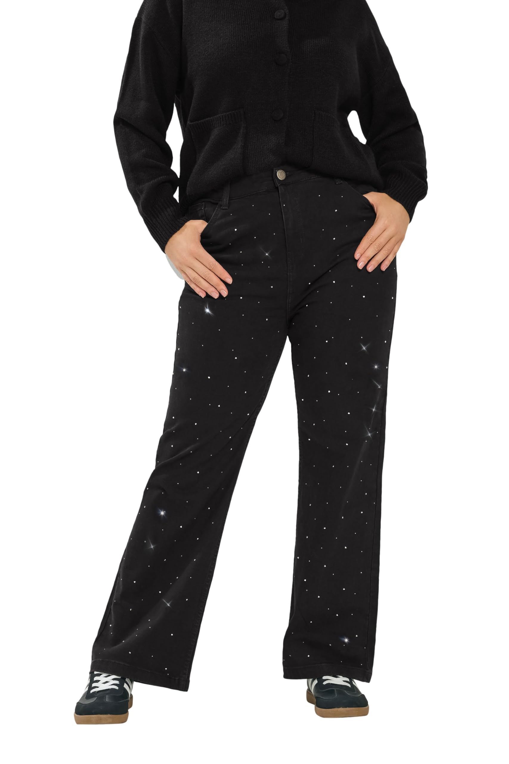 Yours Women's Black Curve Studded Wide Leg Jeans - Plus Size Curve