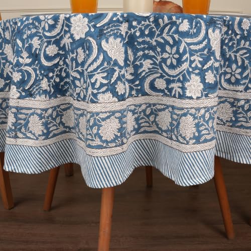 Image of Encasa XO Dining Table Cloth, Jaipuri Block Print Cotton Cover Blue