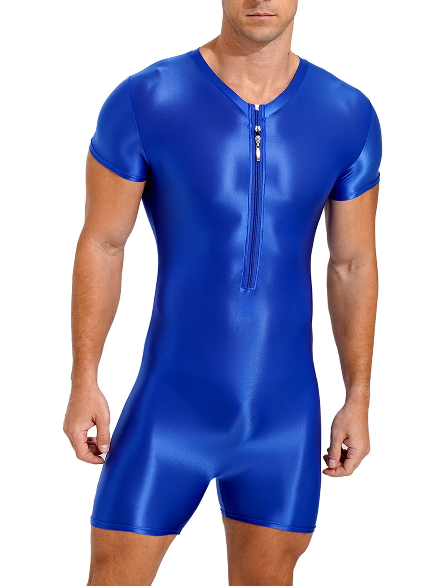 CHICTRY Men's One-Piece Short Sleeve Workout Bodysuit Zipper Front Leotard Wrestling Singlet Unitard Blue M