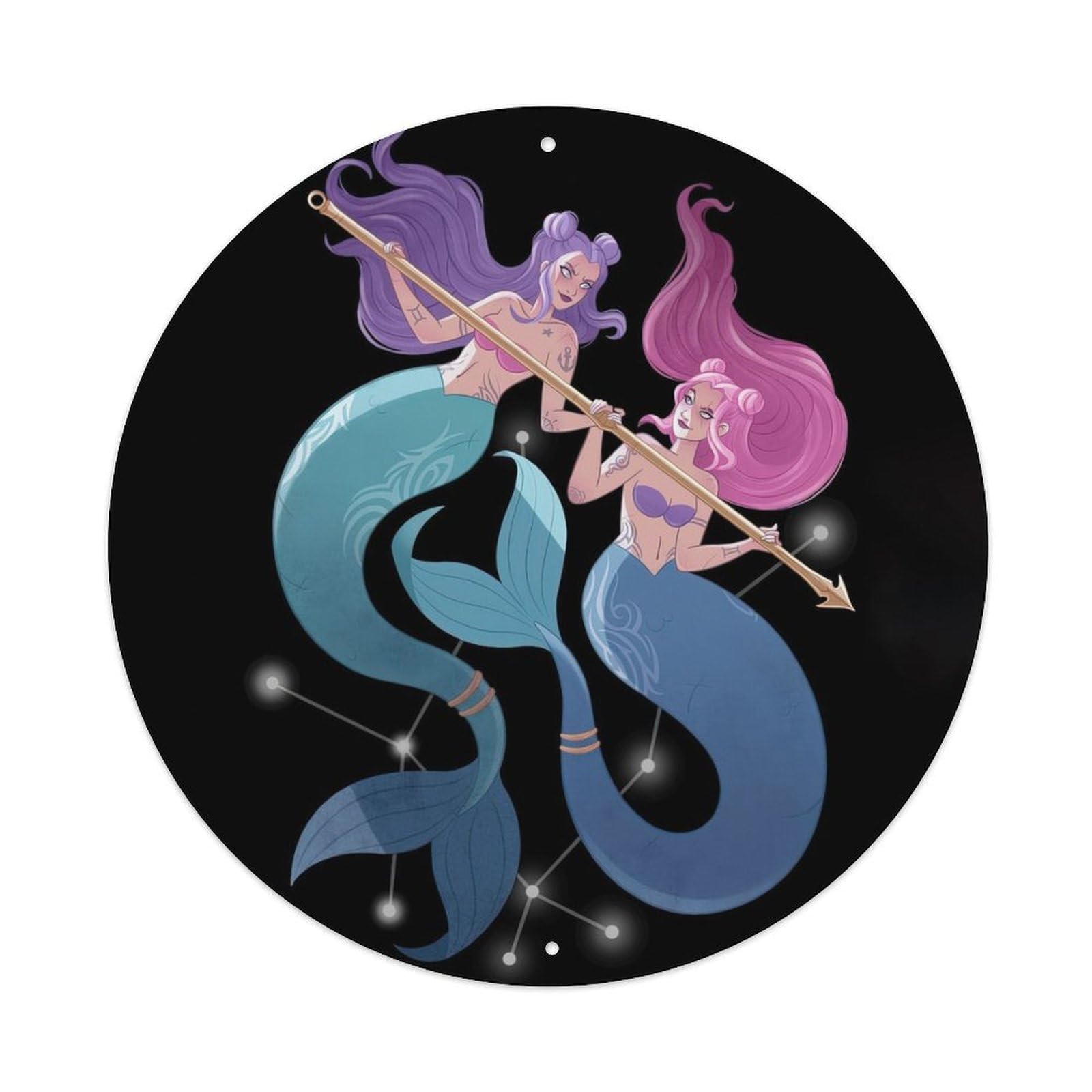 Mermaid Constellations Poster Gemini Vintage Metal Tin Sign Plaque Wall Decor for Cafe, Club, Garden Round Metal Poster 8x8Inch