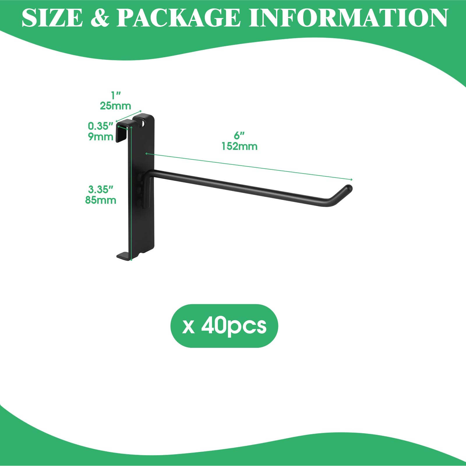 Set di 40 ganci assortiti da 15,2 cm, griglia in metallo nero, ganci per appendere pannelli da parete, per garage, negozi, magazzini, diametro del filo 5 mm