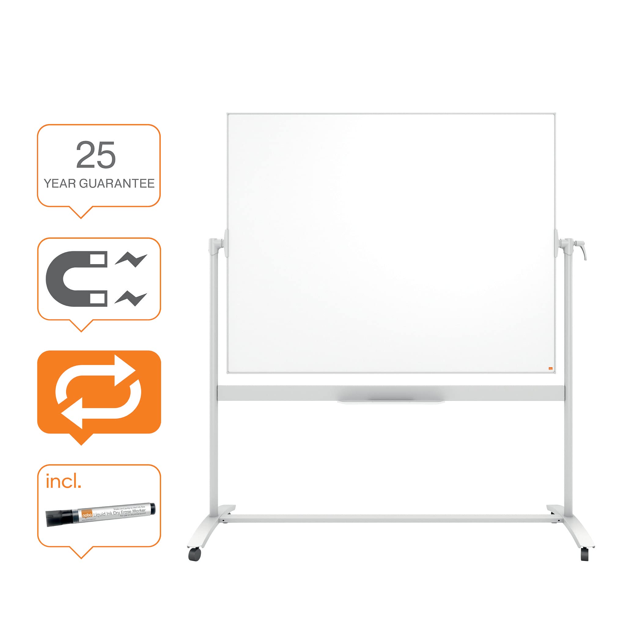 Nobo Mobiles Whiteboard aus Emaille, trocken abwischbar, magnetisch, mit horizontalem Drehpunkt (von oben nach unten schwenkbar), auf Rollen, mit Stifthalter, Magneten und Marker, weiß, 1901035