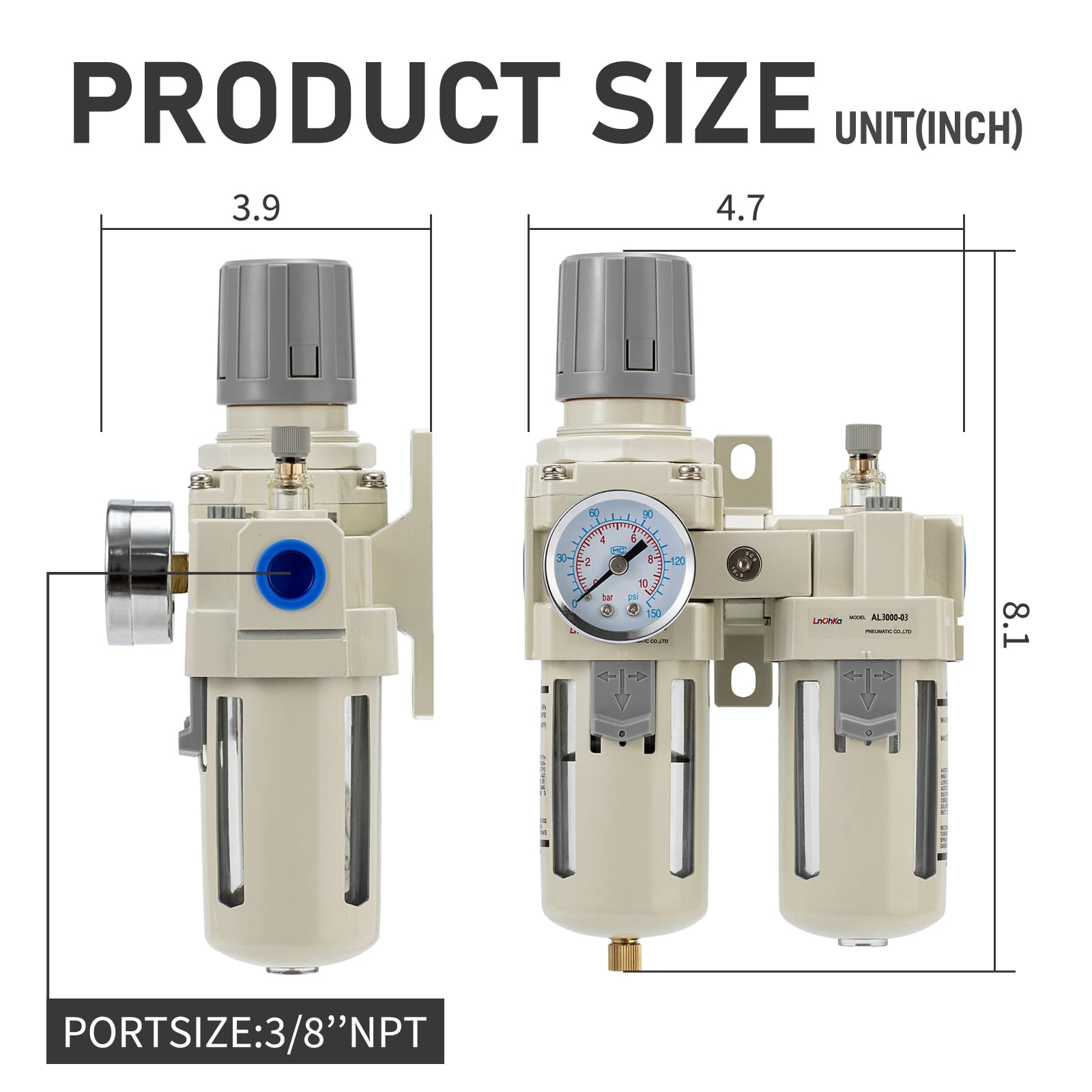 Regulador de presión de aire con manómetro (0-150 PSI), separador de agua para compresor de aire, drenaje semiautomático, línea de aire 3/8, interfaz roscada NPT