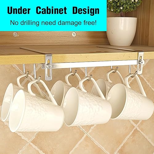 Miniatura 2 de Soporte para taza de café debajo del gabinete, organizador de tazas de plata con 9 ganchos para gabinete de 1.18 pulgadas de grosor, estante para