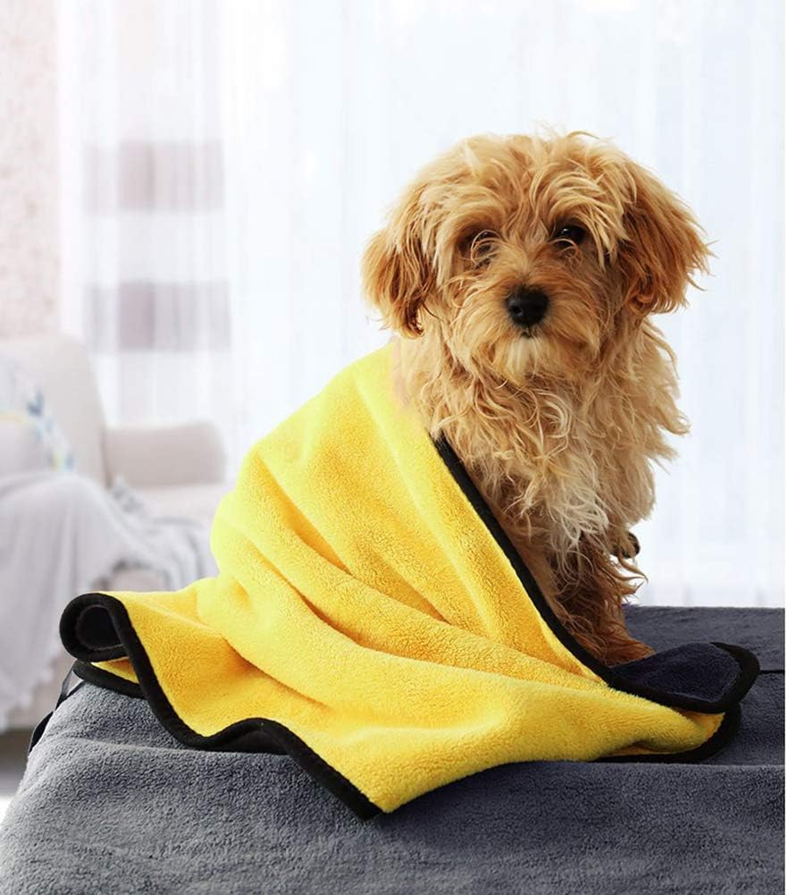 2 Pcs Dog Bath Towel, Super Absorbent Coral Velvet Dog Towel Shammy Towel Pet Shower Towel Cat Grooming Towel for Medium Dogs and Cat, Machine Washable Yellow & Grey 19.7" x 39.4"