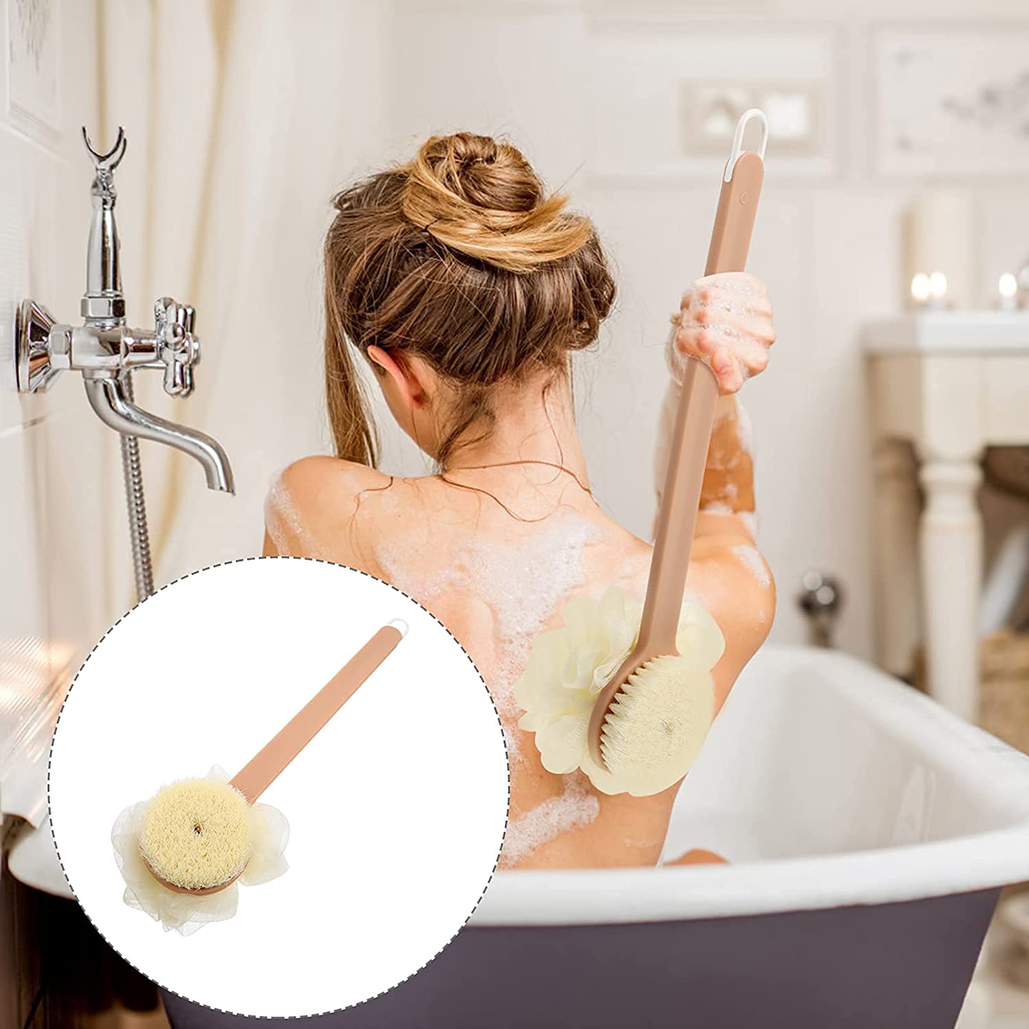 2-in-1-Duschbürste, Rückenbürste mit Badekugel, Langer Griff, Körperpeeling, Rückenwäscher, Bade- und Körperbürsten
