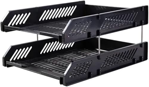 Organizadores de bandeja de papel apilable de 2 niveles, color negro, gran capacidad, huecos, organizadores de archivos de escritorio para escuela,