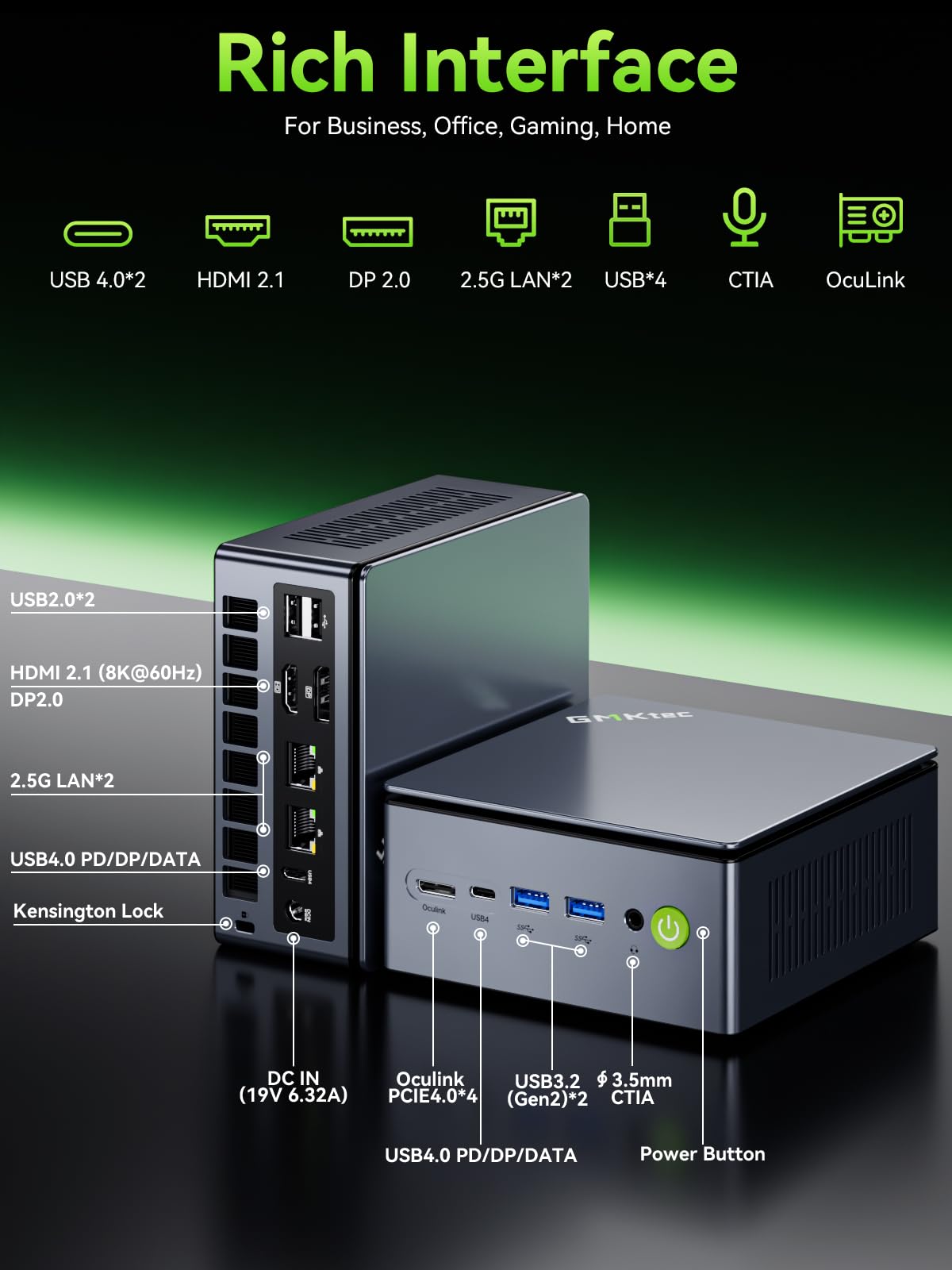 GMKtec Dual 2,5G LAN Mini-PC für Gaming, M7 Ultra Ryzen 7 PRO 6850U, 32GB DDR5 4800MHz RAM+1TB PCIe3.0 SSD,Oculink Micro Computer Dual-USB4/WLAN 6E/Bluetooth 5.2/HDMI 2.1/USB-C Gewerbe/Büroflächen