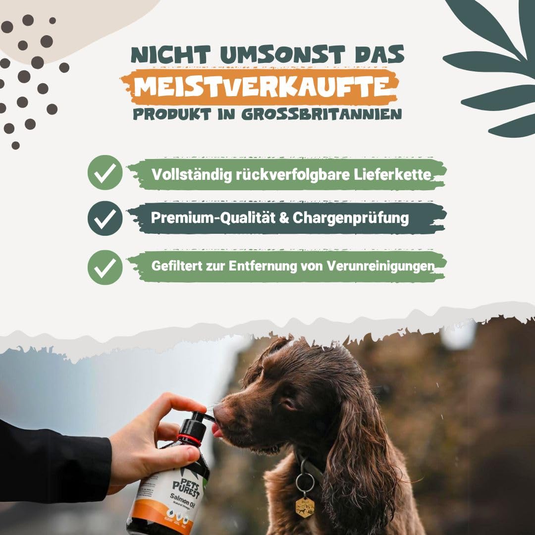 Pets Purest Lachsöl für Hunde & Katzen 1000ml – Reines Norwegisches Lachsöl mit Omega 3-6-9 & Vitamin E – Unterstützt Haut, Fell, Gelenke & Immunsystem – 100% Natürlich