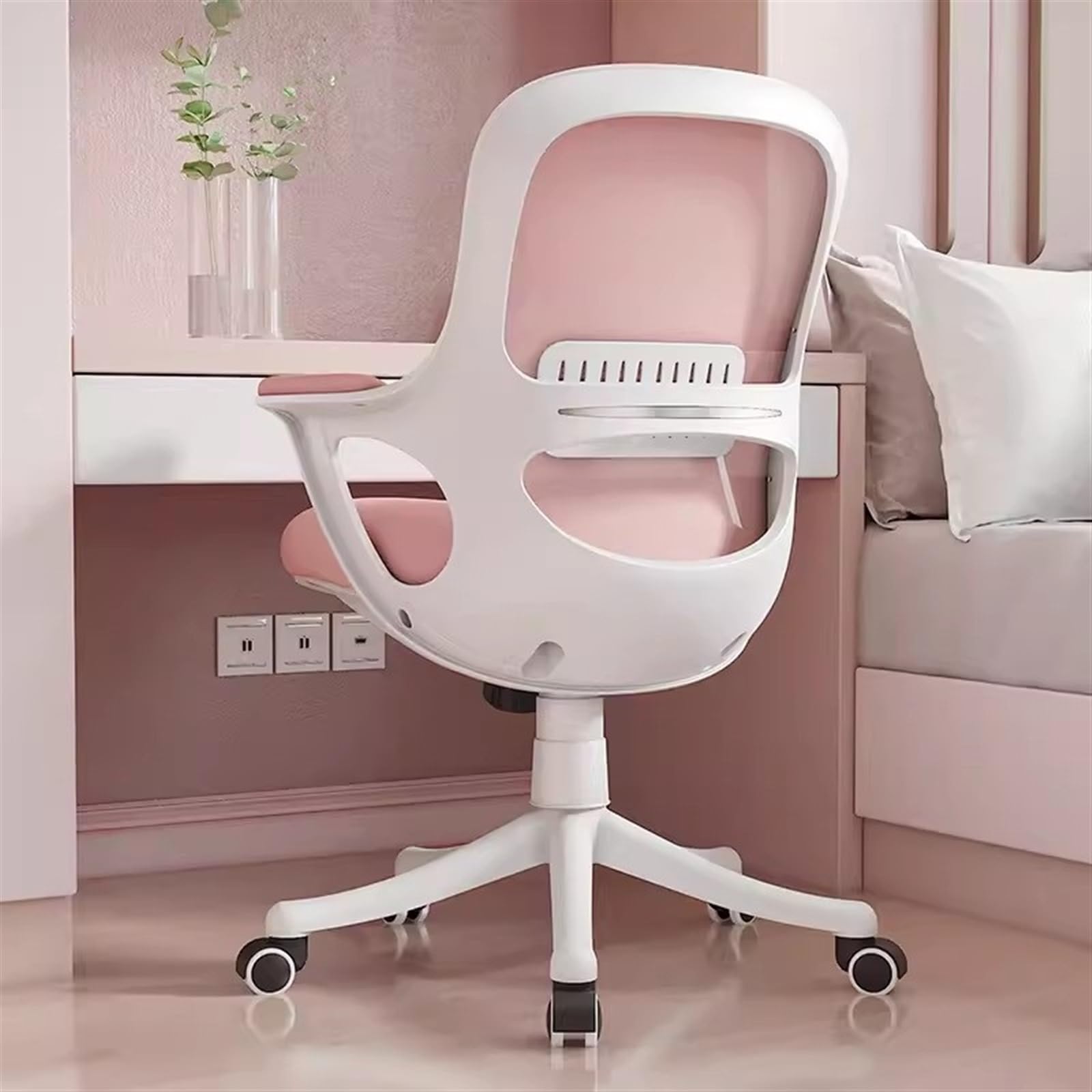 Ergonomiczne krzesło biurowe z obiciem z siatki, wysokie oparcie i przesuwane siedzisko, obrotowe krzesło komputerowe dla mężczyzn i kobiet (różowe)