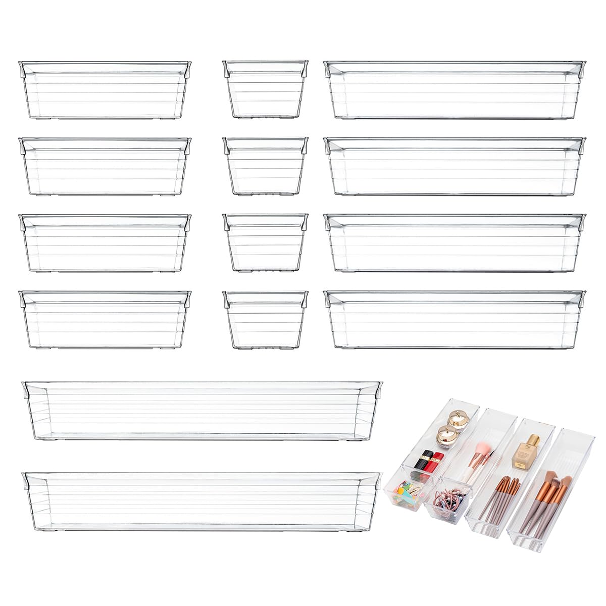 14 PCS Clear Plastic Drawer Organizer Set, 4 Sizes Desk Drawer Divider Organizers Trays Storage Bins for Makeup, Bathroom, Kitchen, and Office