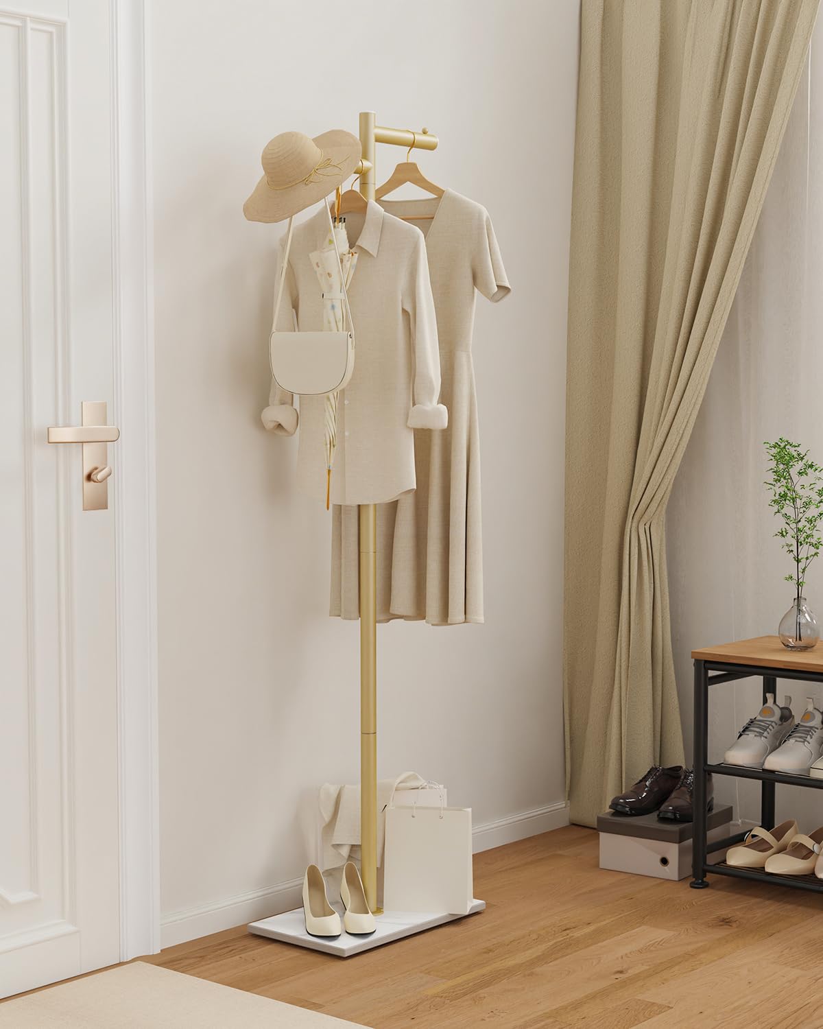 Appendiabiti da Terra in Metallo, Attaccapanni Autoportante, Armadio Appendiabiti Verticale Moderno, Base di Tavola Roccia, Usato per Ingressi, Camere da Letto, Corridoi, 175cm, Oro