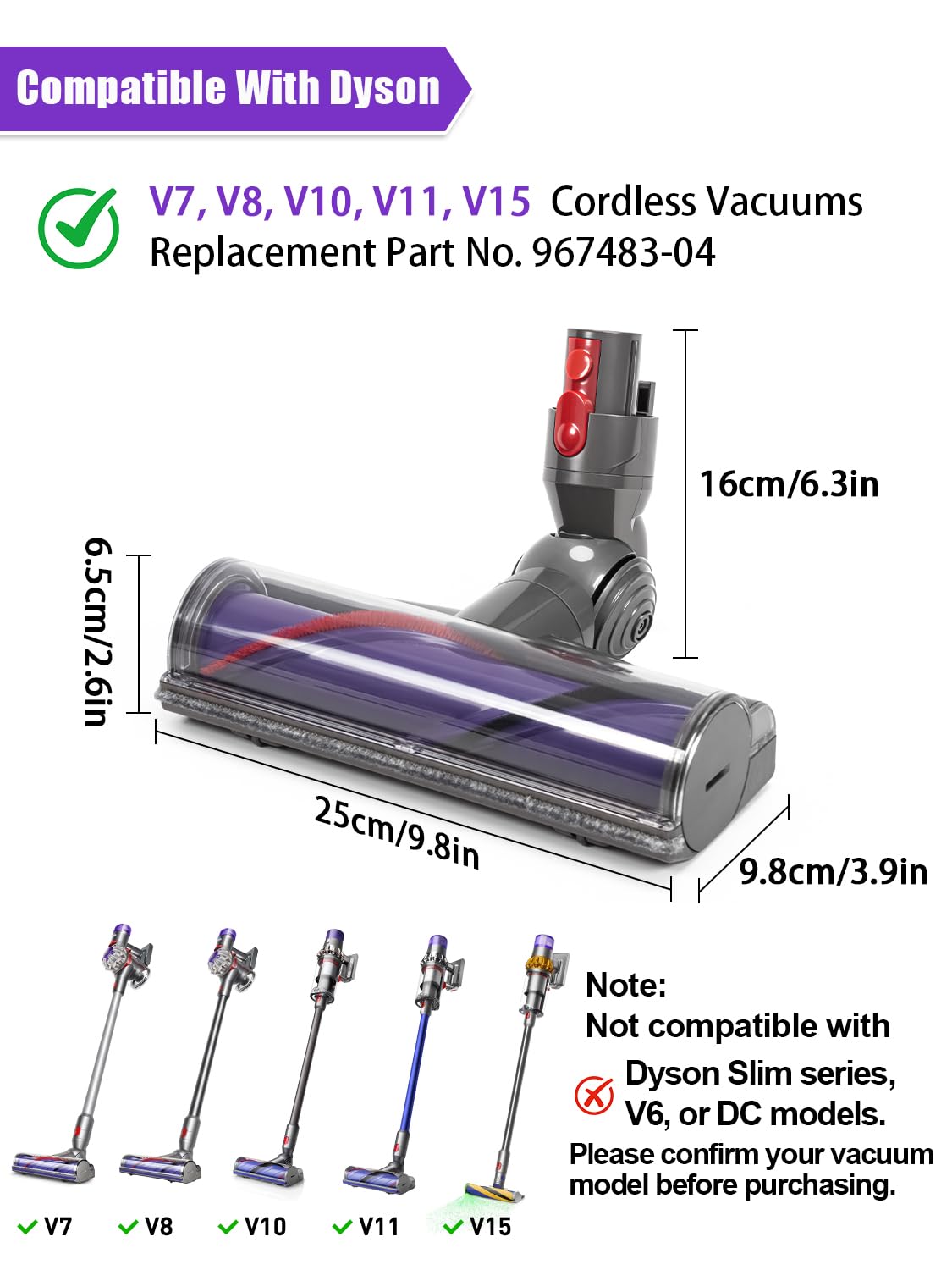 Cepillo Eléctrico Compatible con Dyson V7 V8 V10 V11 V15 Aspiradoras, Repuestos Dyson Accesorios, Cabezal de Recambio Cepillo para Suelos para Alfombras y Suelos Duros