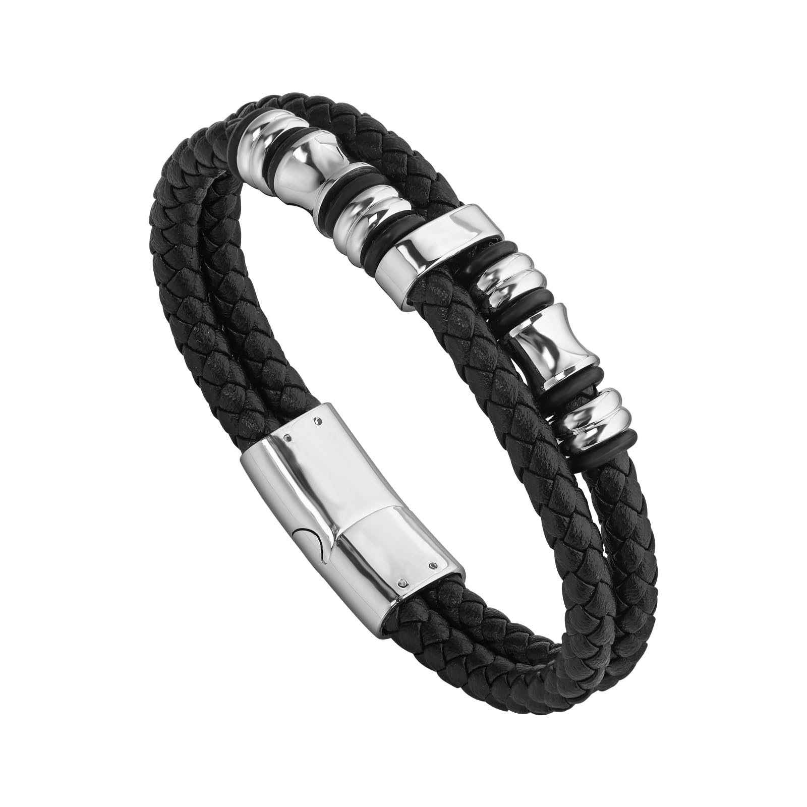 Hengbofeng Mens Bracelet,Gifts for Men,Double-Row Black Braided Leather Bracelets for Men,Black Stainless Steel Cross Jewelry With Black Onyx Beads Bracelets,Charm Bracelet,For Dad,Friends,Brother,Sons