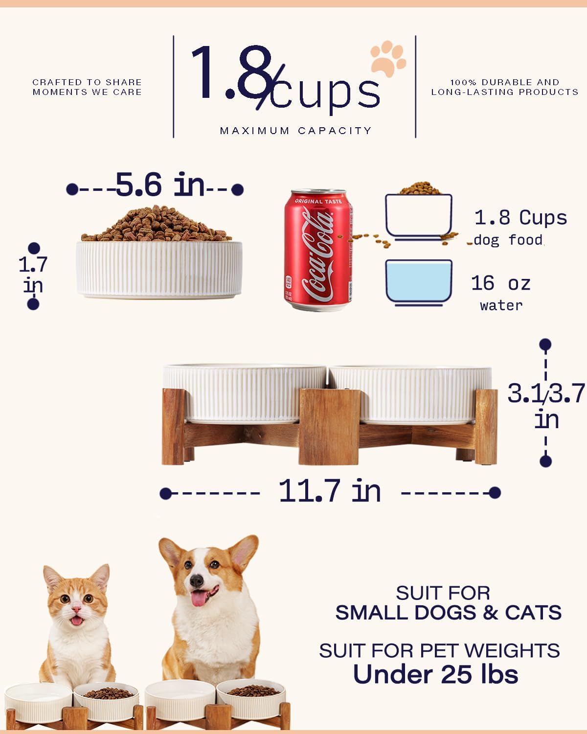 Getstar Elevated Ceramic Dog Cat Bowl Set - 1.8-Cup Raised Feeding Bowls with Non-Slip Wood Stand - Small Pet Dishes for Food and Water - Ideal for Cats and Puppies Small-1.8Cups Vintage White