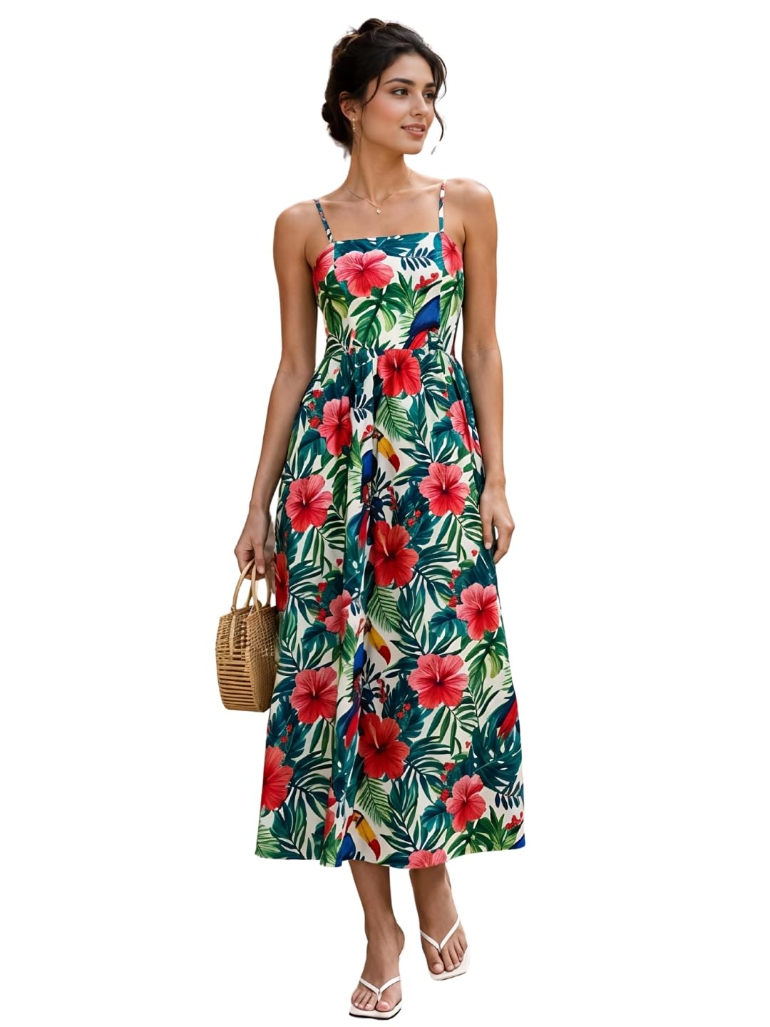 NAINVISH Tropical Floral Maxi Dress for Women Summer Beach Vacation Lightweight Sleeveless Boho Printed Outfit