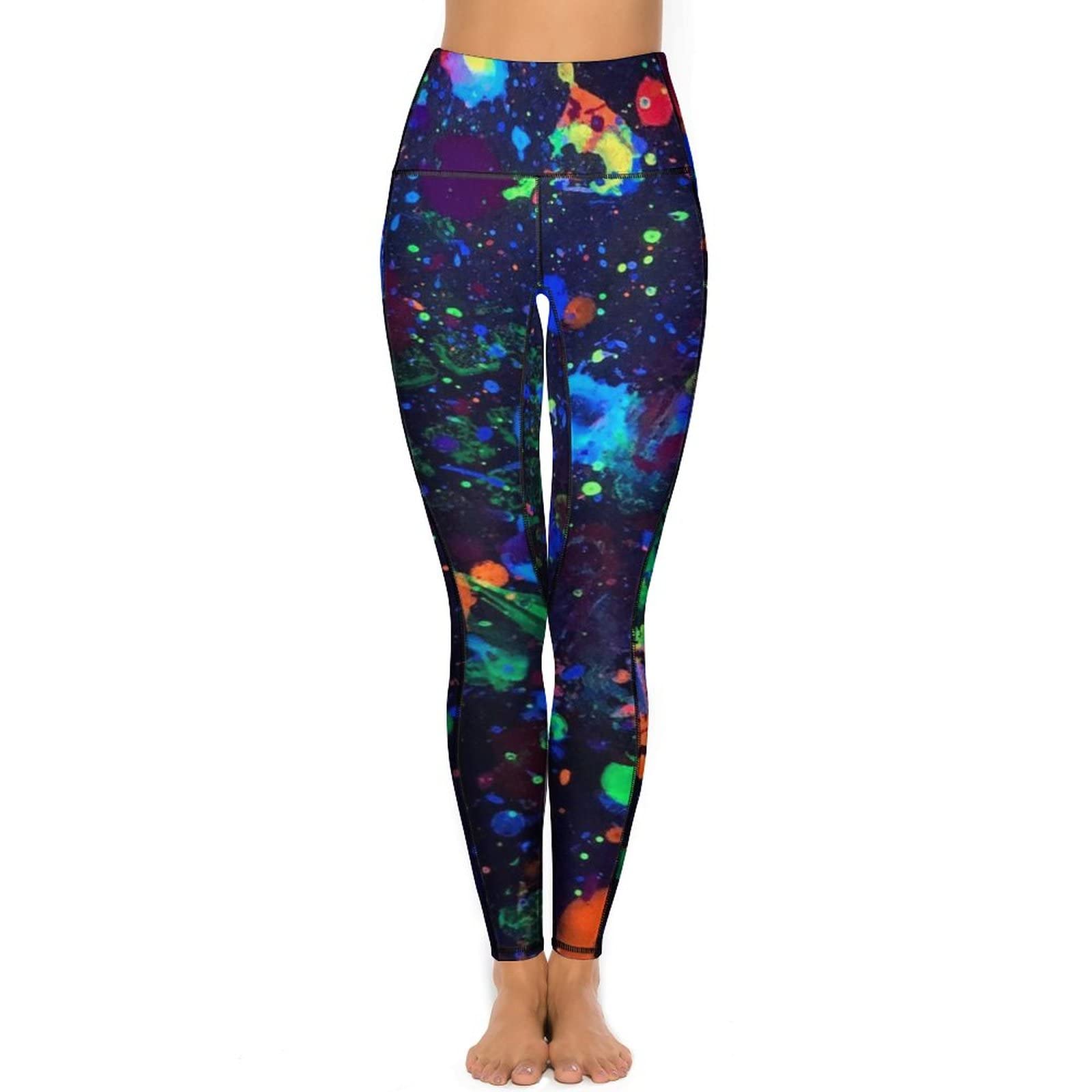 Ruzkeo Glow in Dark Splatter Neon High Waist Yoga Pants Gym Sports Pants Stretchy Skinny Leggings for Running