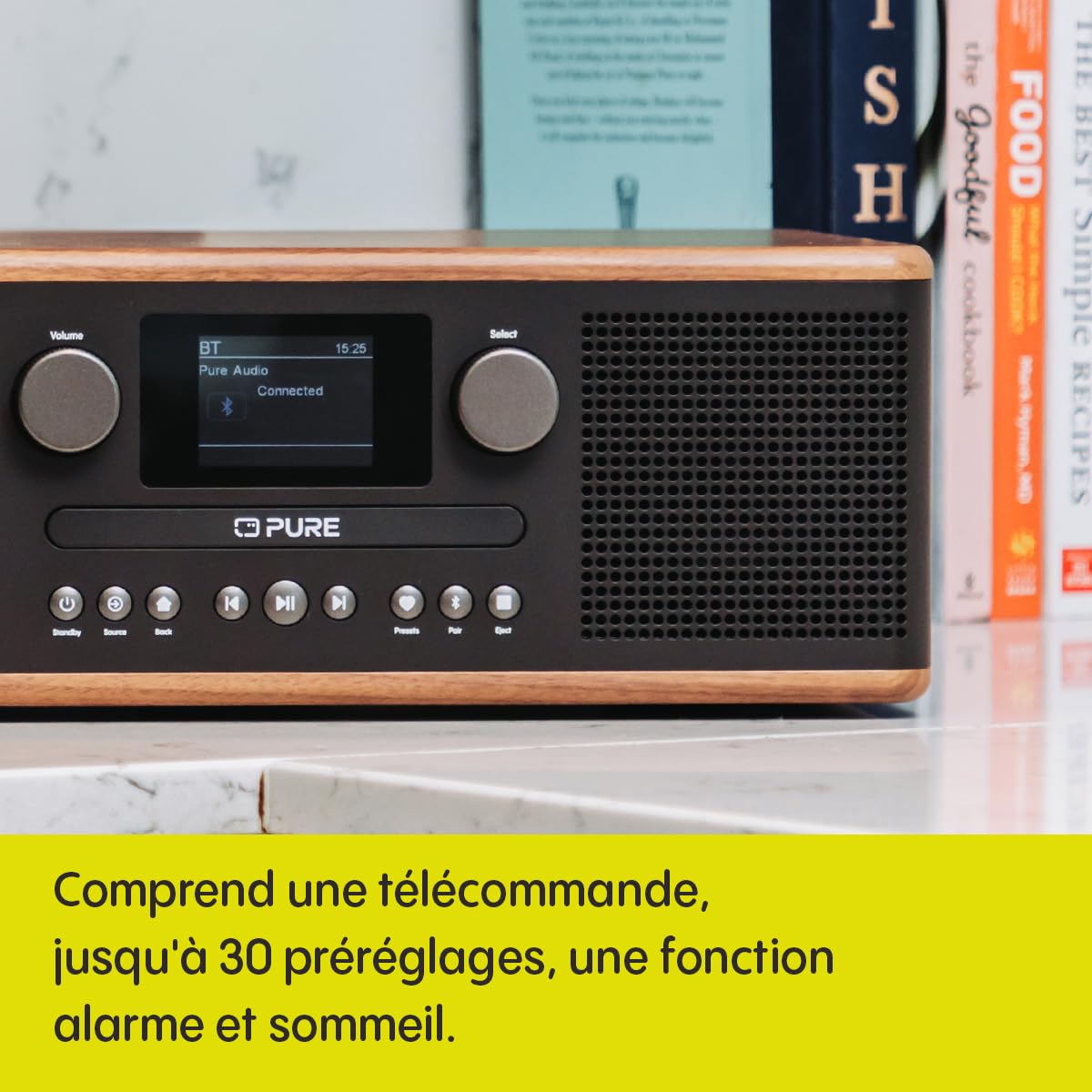 Pure Classic C-D6 Système Musical (Lecteur CD, Dab+/FM, Bluetooth, AUX, USB, Alarme Sleeptimer) Café Noir/Noyer