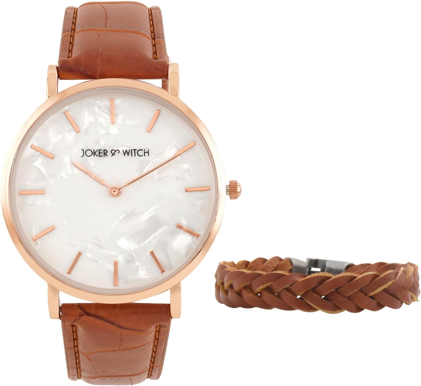 Joker & WitchLeather Men Gil Analogue Watch Bracelet Stack, White Dial, Brown Band