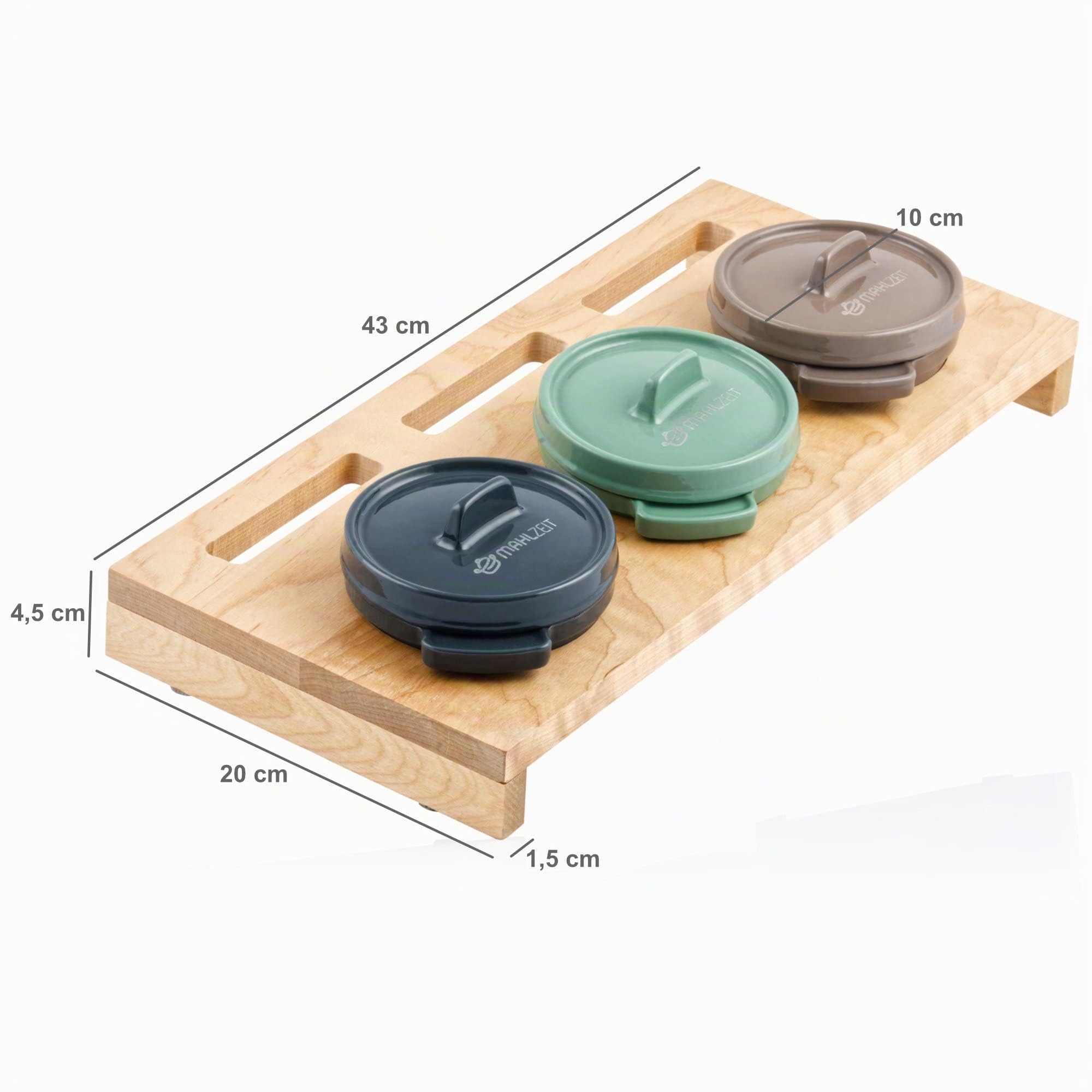 Mahlzeit Juego de Mini Cocottes con Soporte de Madera | 3 x 250 ml | Juego de 3 Ollas Esmaltadas de Hierro Fundido | Olla Pequeña para Cocinar