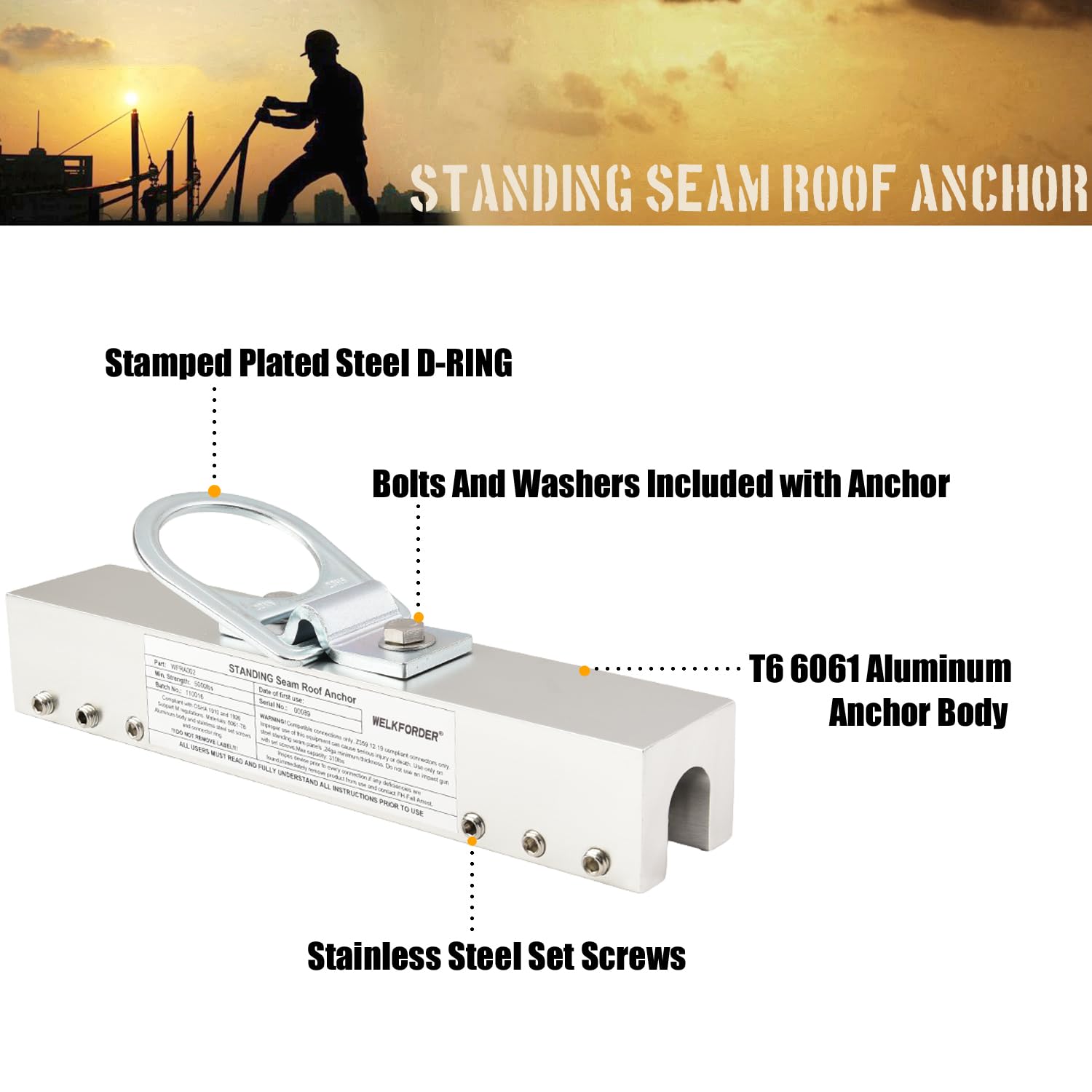 WELKFORDER Standing Seam Roof Anchor Clamp – Aluminum Alloy D-Ring Fall Protection, ANSI & OSHA Compliant, Lightweight 4.85 Lbs, Reusable For Roofing