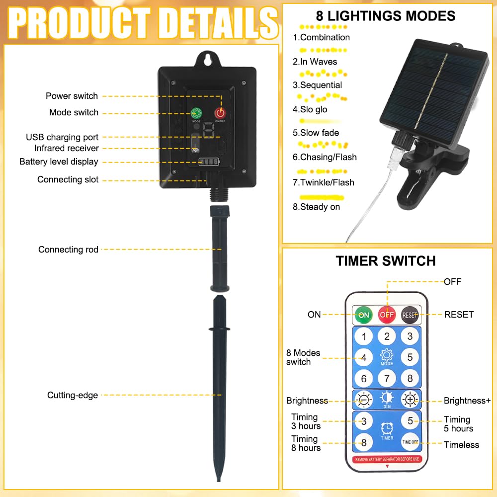 Illuminazione per Ombrellon,Luci Solari per Ombrellone,104 LED,8 Modalità,IP67 Impermeabile,con telecomando,USB,Decorazione Ombrelloni,Giardino,Tenda da Campeggio