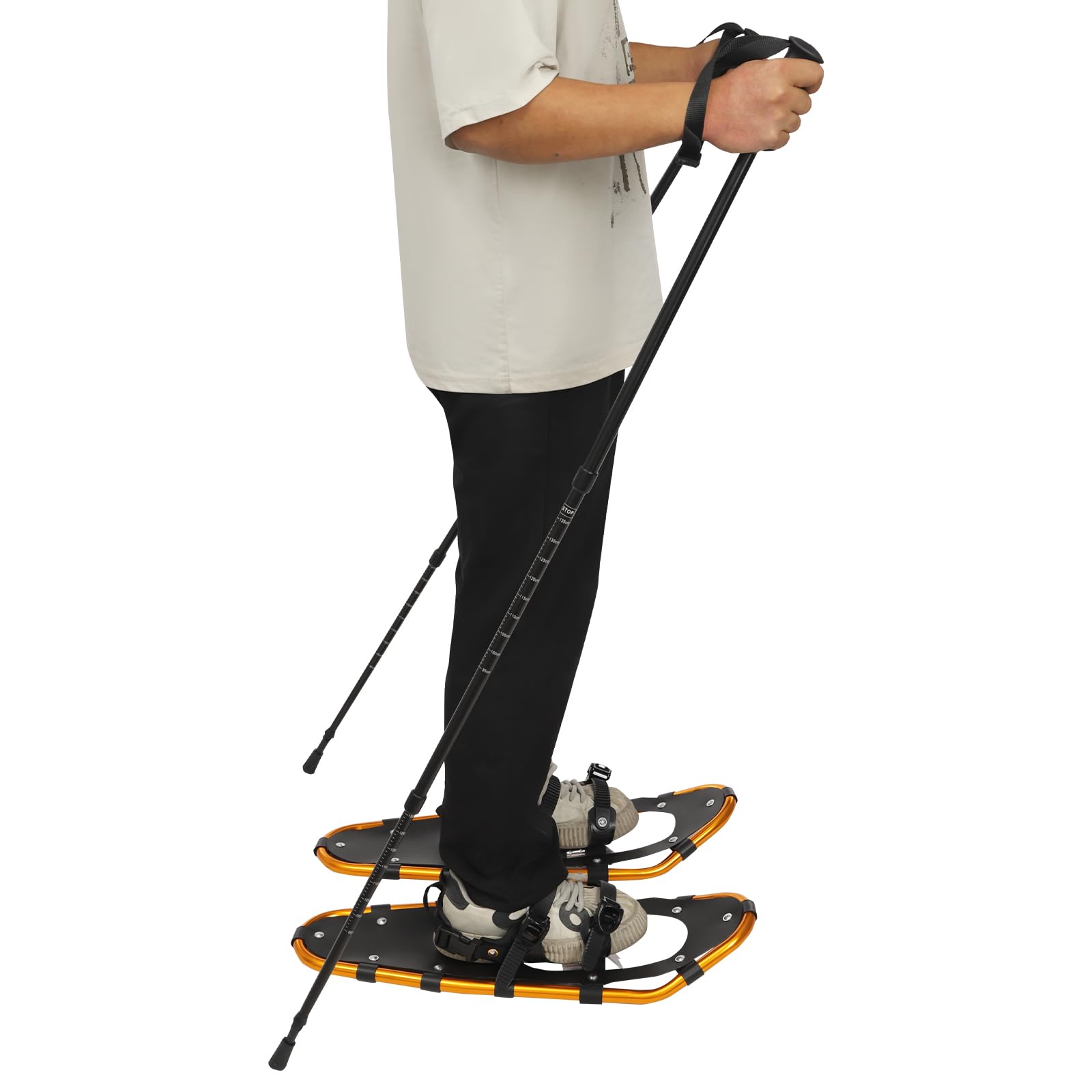 Light Weight Aluminum Snow Shoes with Trekking Poles, Ratchet System Snowshoes for Adults Men Women, 25in Gold Snow Shoes+ Black Trekking Poles, Load Capacity of 220 lbs