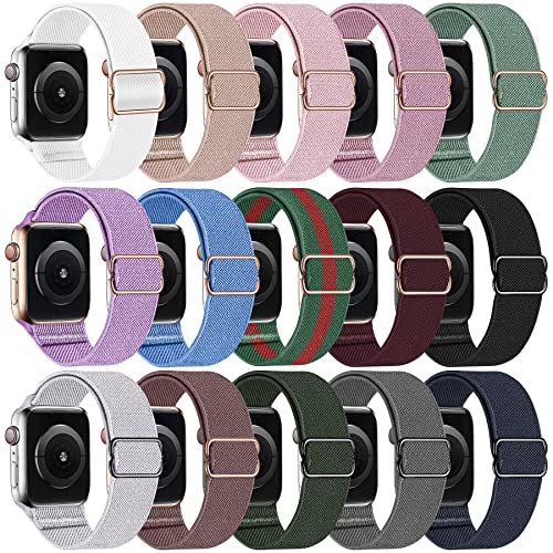 Swhatty 15 Pack Stretchy Nylon Solo Loop Bands Compatible with Apple Watch 49mm 45mm 44mm 42mm, Adjustable Braided Sport Elastics Women Men Strap for iWatch SE Ultra Series 8 7 6 5 4 3 2 1, B