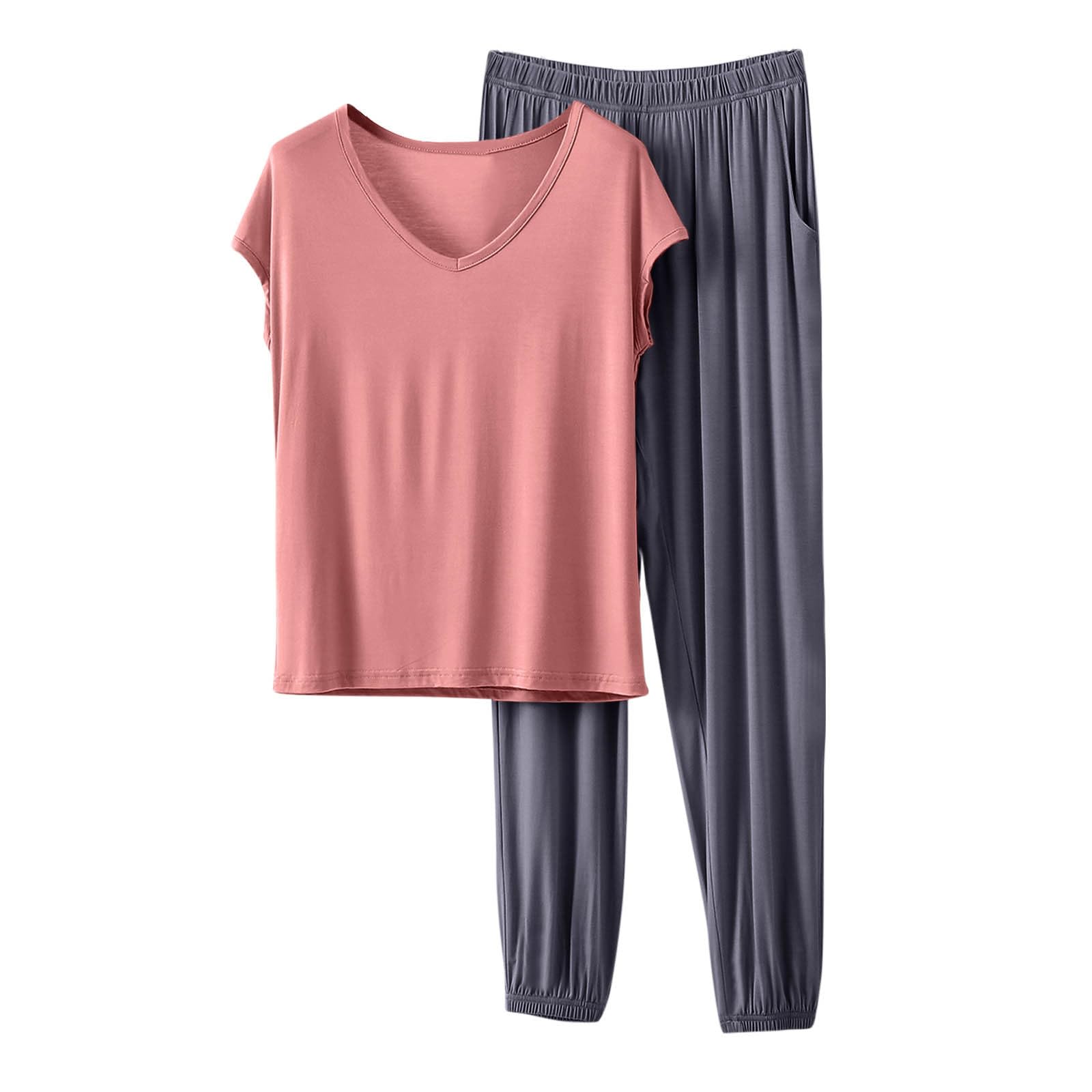 HGps8w Women's Modal Soft Summer Pajamas Sets, Loose V Neck Short Sleeve Top Joggers Pants Matching 2 Piece Lounge Outfits