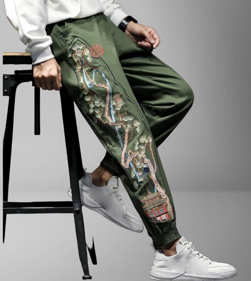 Pantalon brodé homme coupe décontractée et patchwork style traditionnel chinois