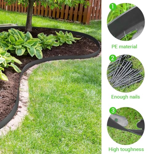 Image of HASTHIP 32.8ft Garden Edging Border, 2 inch Width Weather-Proof Black Flexible Edging, with 30Pcs Nails, Cut to Fit, Bendable Border Strip for Garden, DIY Outdoor Lanscaping