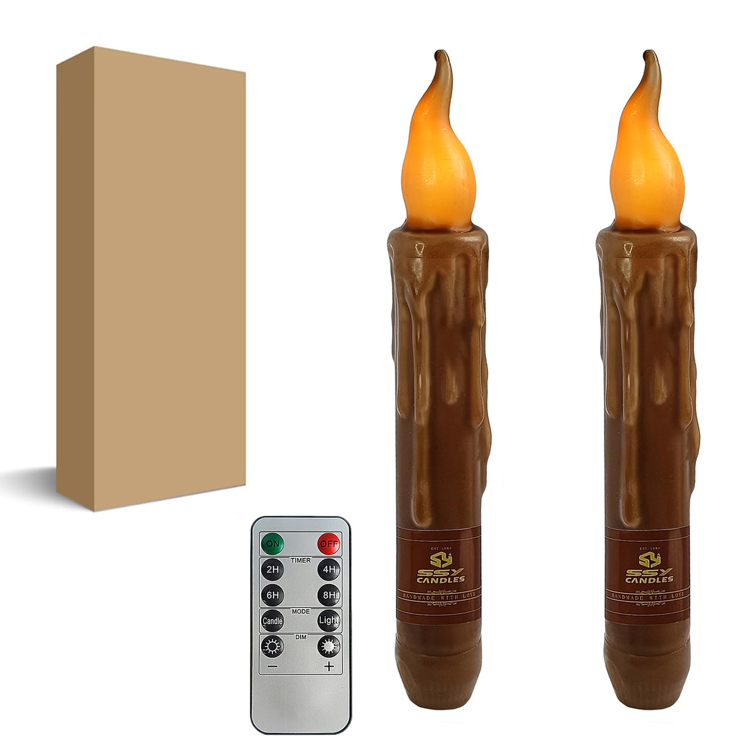 Brown Flameless Short Taper Candles, Real Wax Hand Dipped LED Battery Operated with Remote, Flickering Flame Lights for Festival Party Home Décor, 6.7 Inch Primitive Flameless Candles, 2PCS