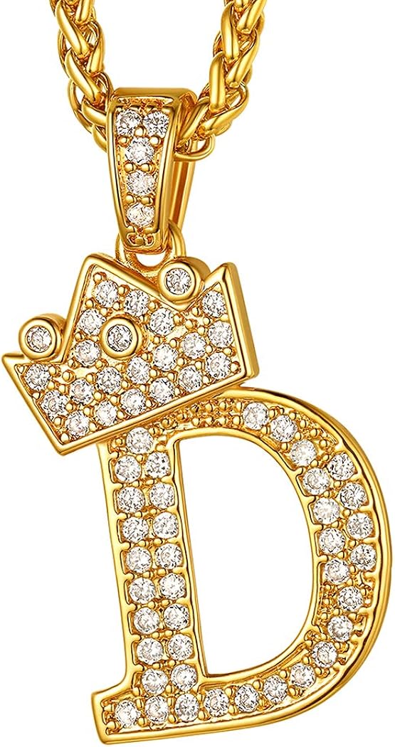 Suplight Letter D Crown Pendant Hip Hop Chain, Cubic Zirconia CZ Pave Monogram Necklace Capital Jewelry