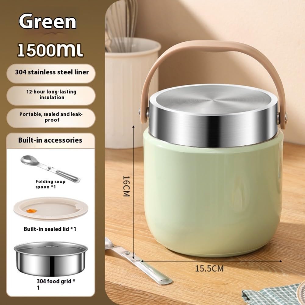Vakuumisolierter Thermobehälter für Lebensmittel, 1500 ml, mit auslaufsicherem Schraubverschluss und Lebensmitteltrennfächern, Edelstahlschüssel mit faltbarem Löffel (B)
