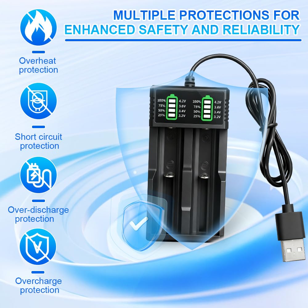 Battery Charger Set with 2 Pack 3.7V 2200mAh Battery Button Top Li-ion, 2-Bay 3.7V, Li-ion Rechargeable Batteries for 18500 21700 26650 14500 16340 10440 18650 (2 Pack) — view 4