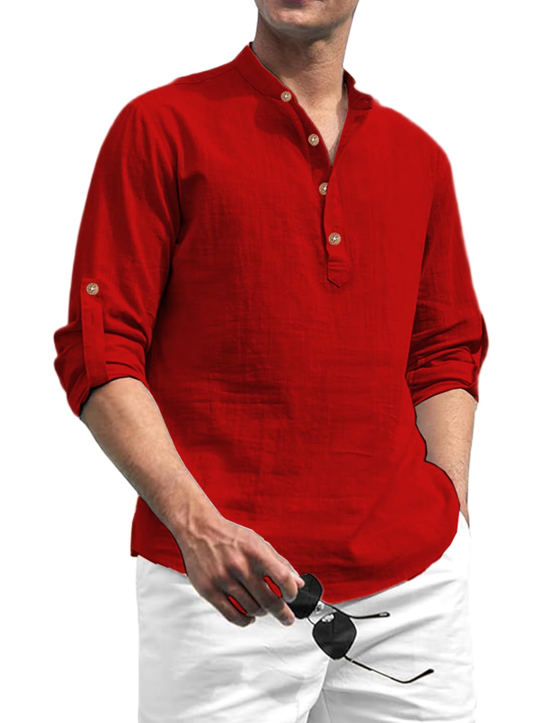Cotton Blend Solid Casual Slim Fit Mandarin/Chinese Collor Short Kurta for Men (KRTBTN41)-image-22