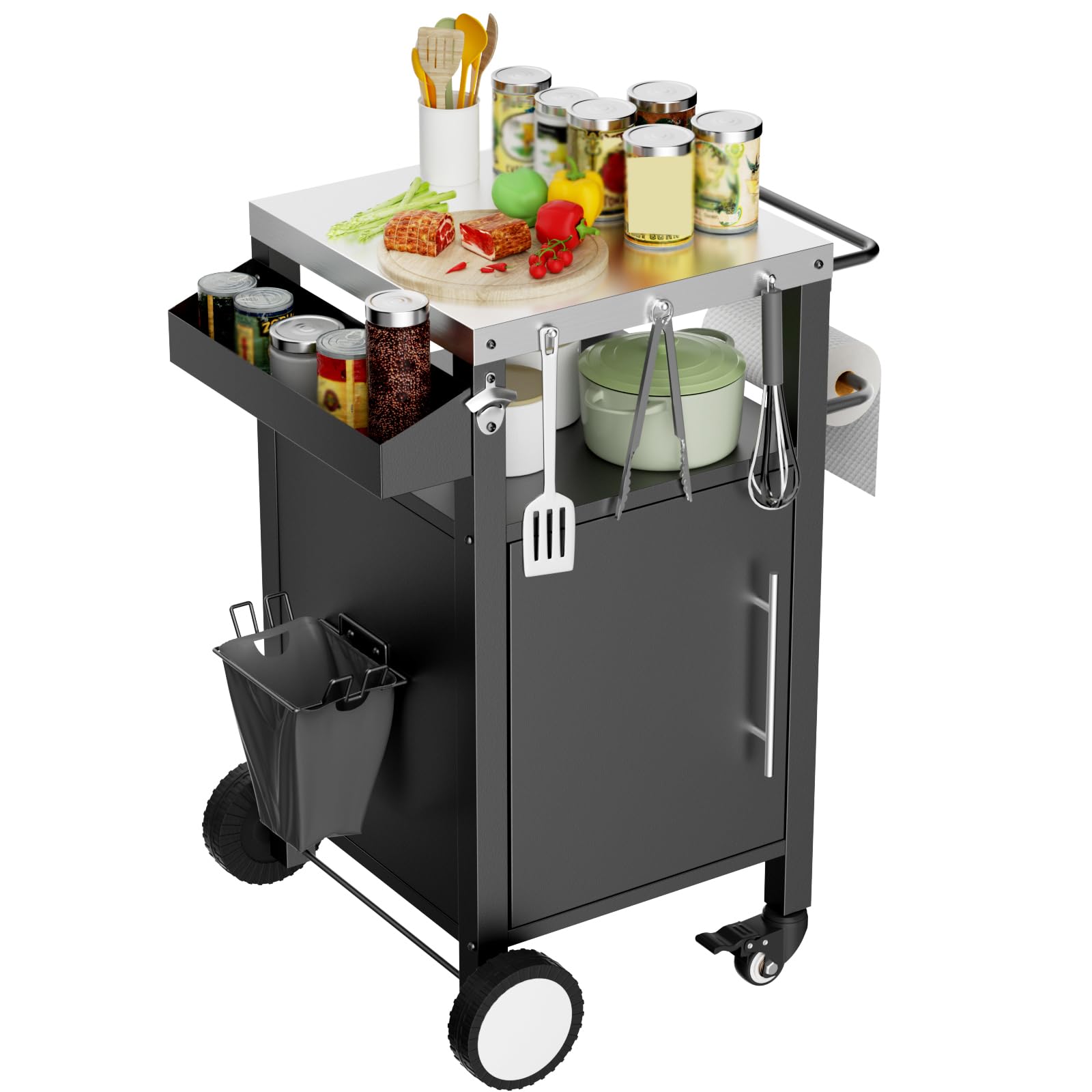 Carrello per griglia per barbecue da esterno con ganci per carrello e portaspezie per accessori per grigliare, nero