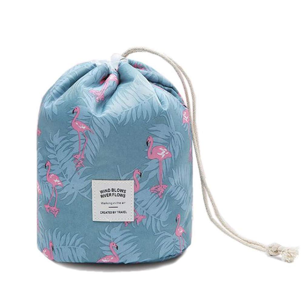 DWE Makeup Bags for Women, Waterproof Round Travel Drawstring Make Up Organizer Cosmetic Bag (A Flamingo Blue)