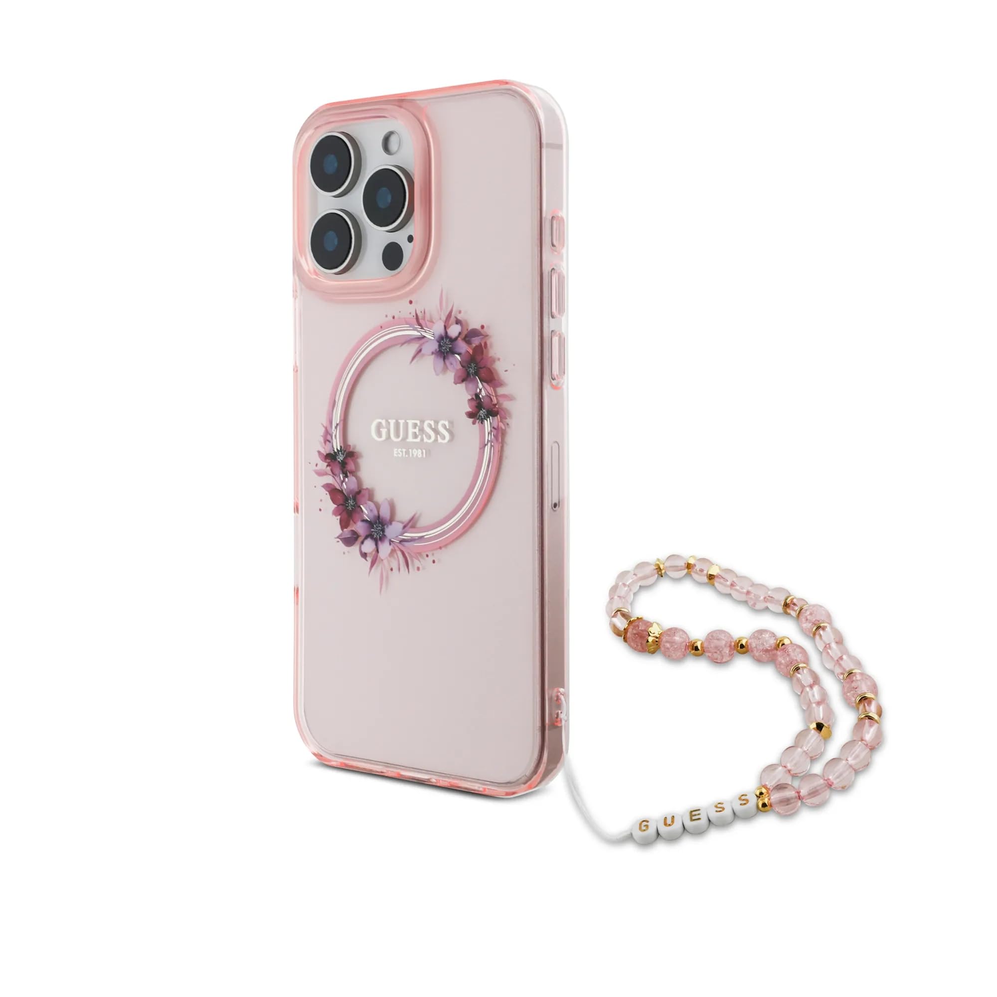 Guess Magsafe IML Hard Case for iPhone 16 Pro with Flower Wreath Design & Pearl Strap, Lightweight, Comfortable Grip, Drop Protection - Pink