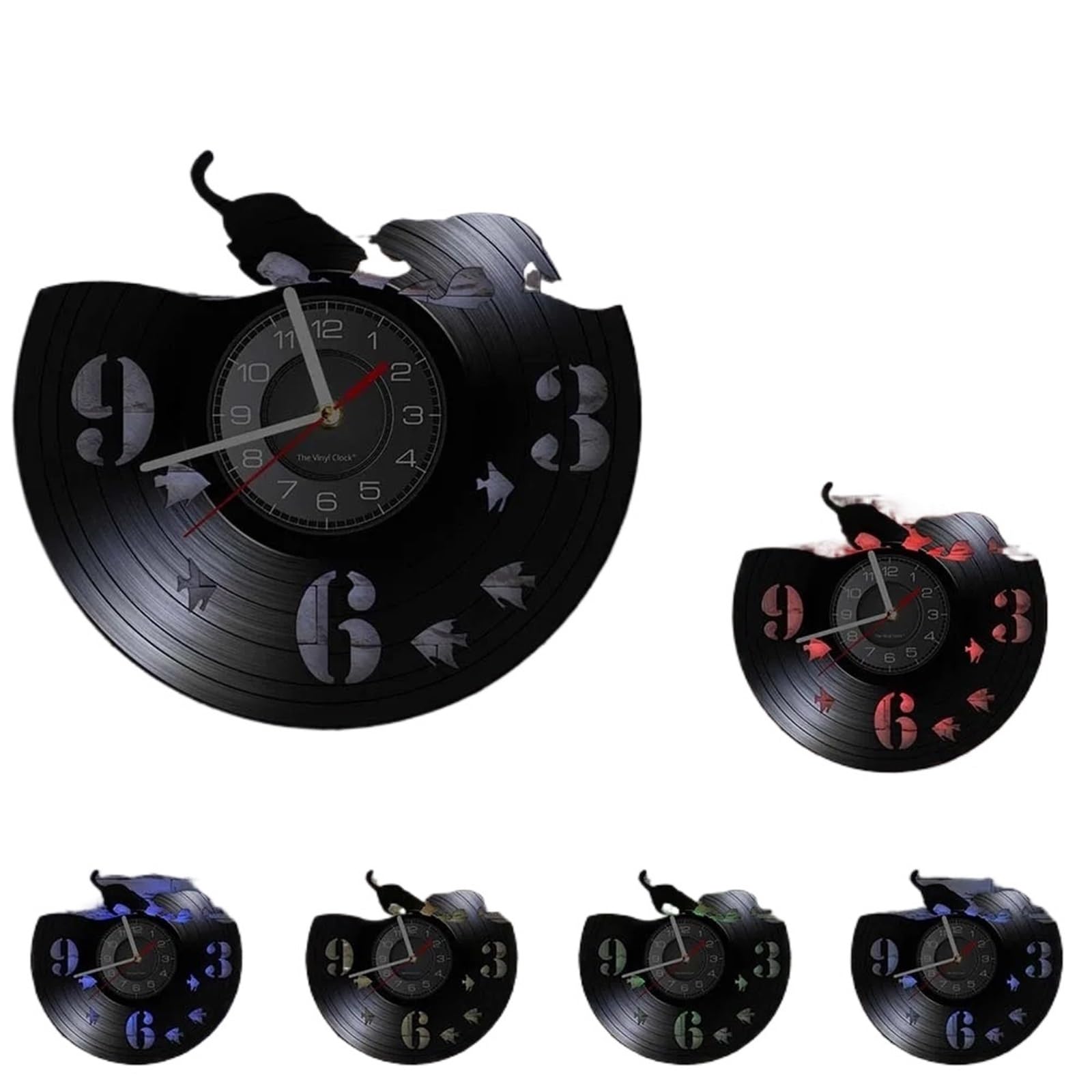 LUYSGBXR Cat Clock Adorable Cat And Fishbowl Funny Wall Art Clock On Vinyl Record Kitten Decorative(Black)