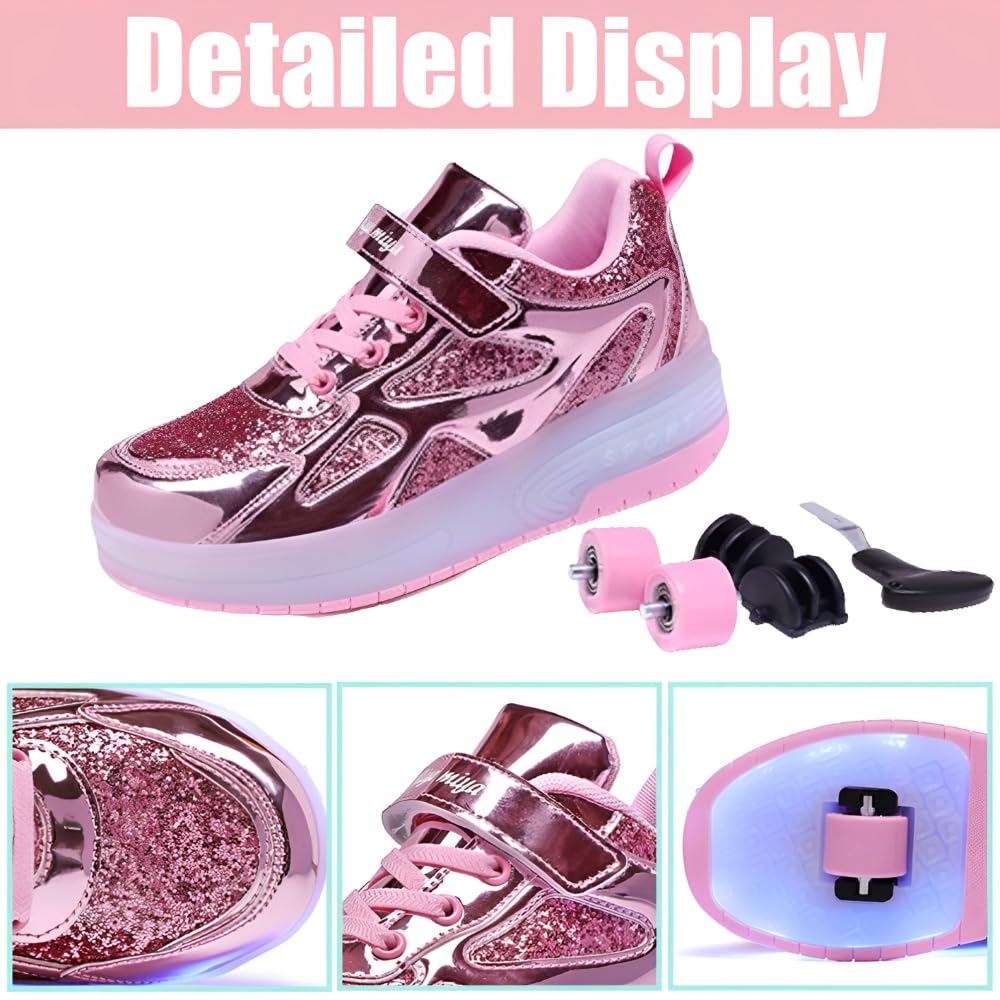 Hixingo Zapatillas con Ruedas Niña Niño, Zapatos con Dos Ruedas 2 en 1 Zapatillas Patines Zapatillas Ruedas con Luz LED, Colorido Zapatos Patines Calzado de Skateboarding