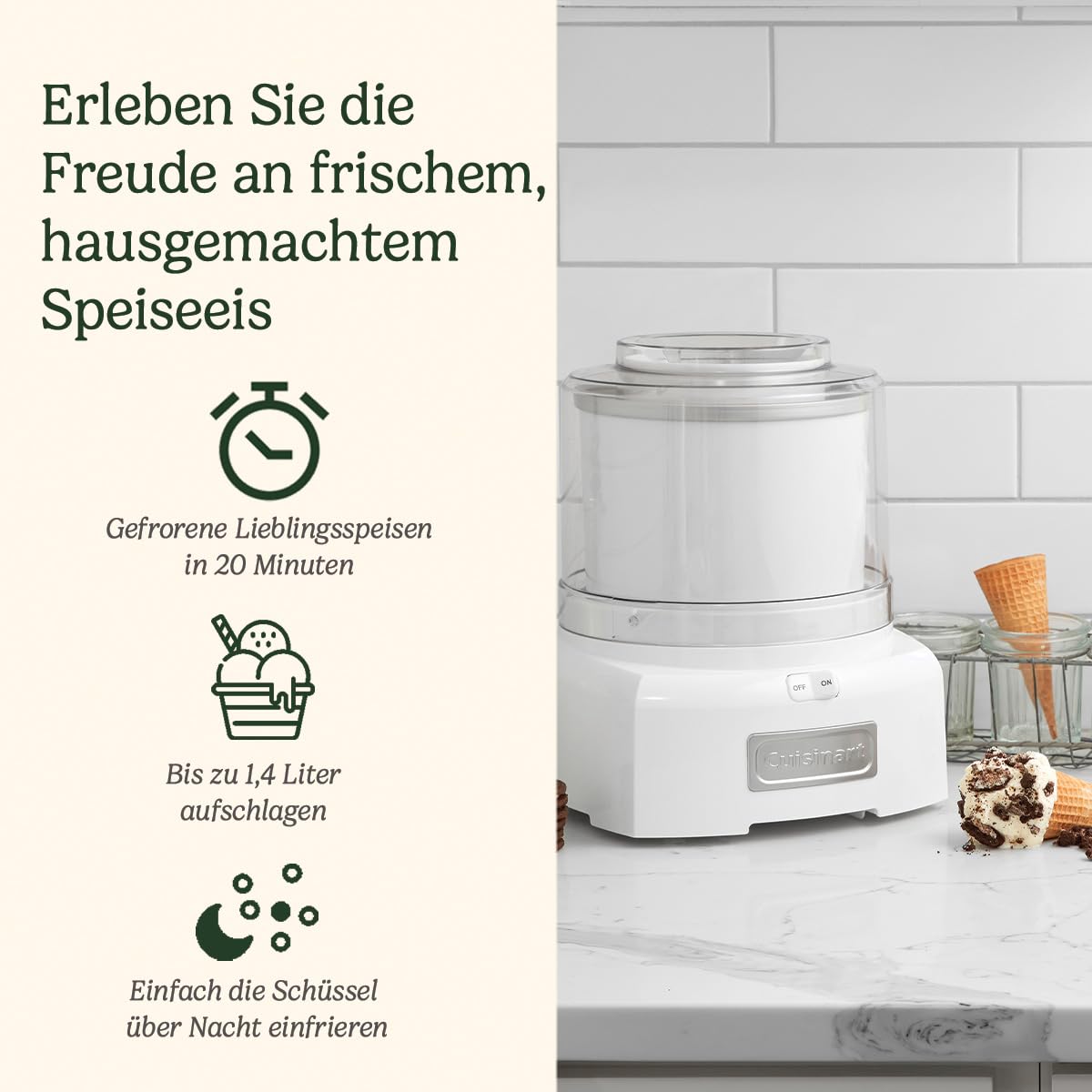 Cuisinart Cool Scoops Hausgemachtes Gelato & Eismaschine in 25 Min. | Sorbet Frozen Yogurt Maker | Familiengröße | 1.4L Rührschüssel | ICE21, Kunststoff, Weiß