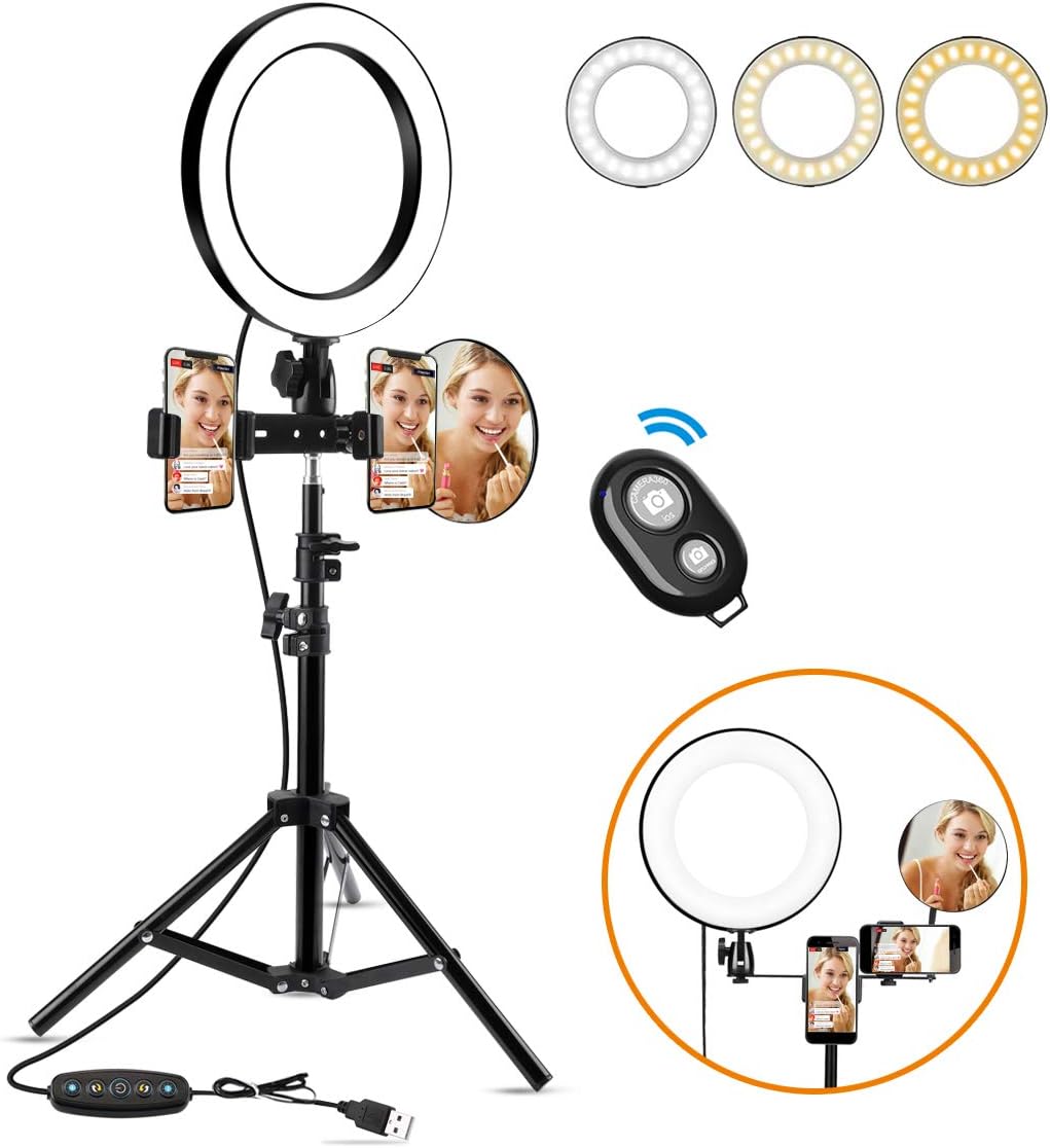 10 Inch Selfie Ring Light with Tripod Stand, LED Light Ring with Phone Holder, 3 Lighting Modes Desktop Camera Ring for Self-Portrait Shooting Makeup Live Streaming, iPhone&Android Compatiable
