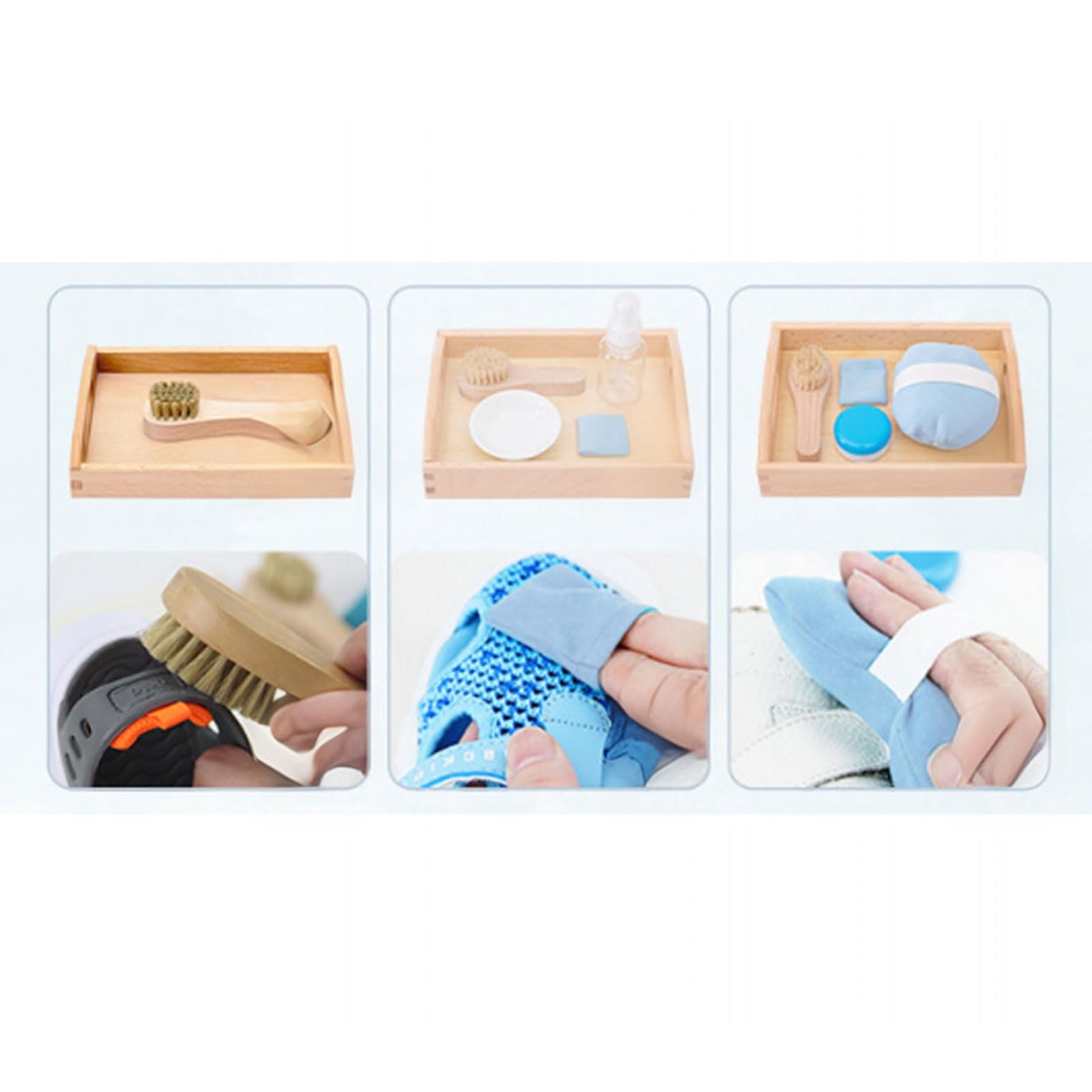 Montessori Reinigungsbürsten-Set für Kleinkinder, Holz-Schuhpflege-Set mit Tablett, Feinmotorik- und Hand-Auge-Koordination Spielzeug,Polish Shoes