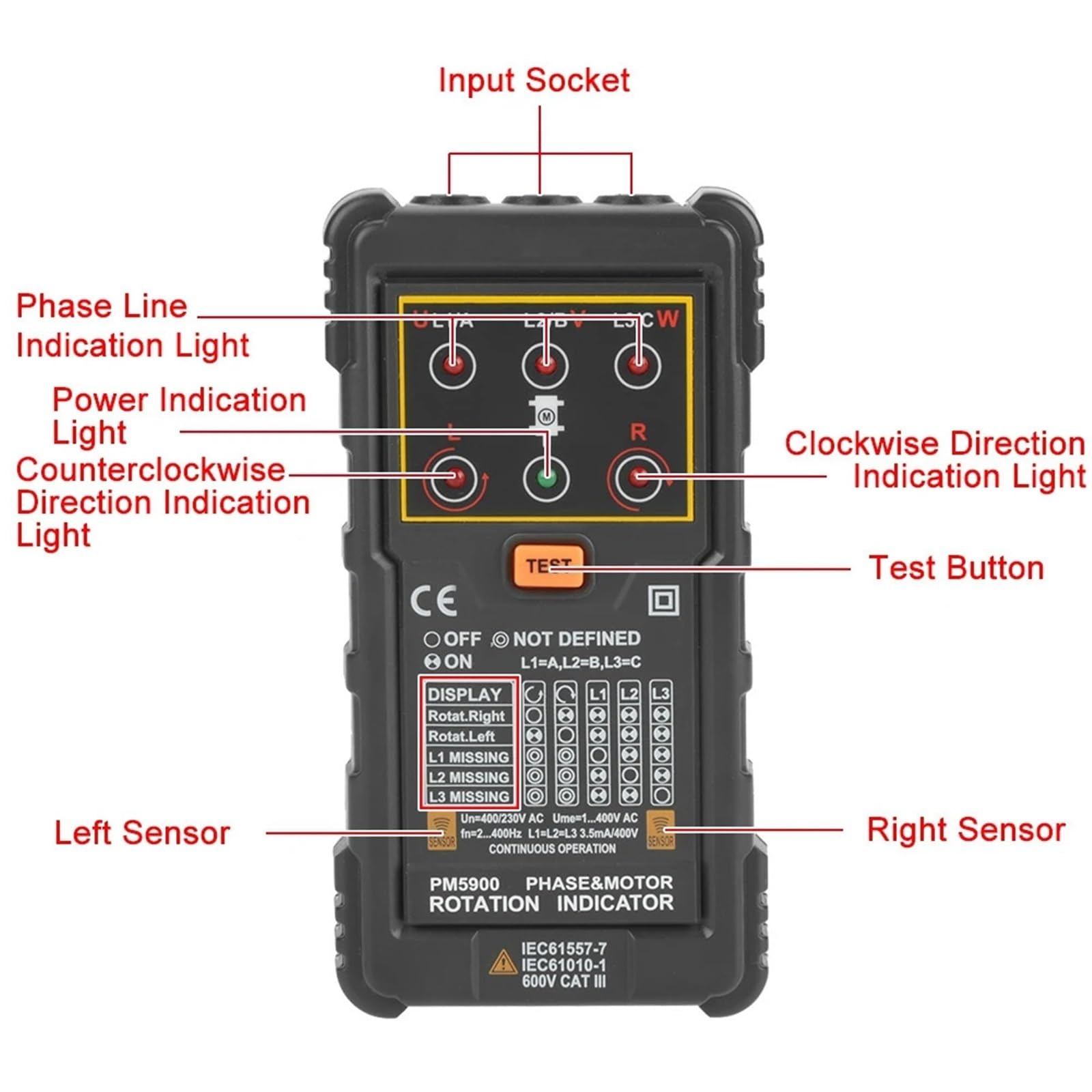 Analizzatore di reti elettriche, Tester indicatore di rotazione del motore trifase portatile PM5900