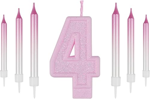 ZHIHUI 7 velas de cumpleaños con números, decoración de pastel rosa número 4, velas de 4º cumpleaños, velas rosas y bonitas y brillantes para pastel