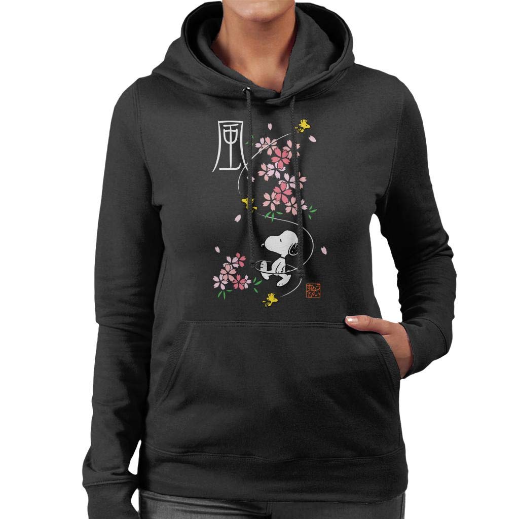 Peanuts Women's Black Snoopy & Woodstock Japan Cherry Blossom Hooded Sweatshirt