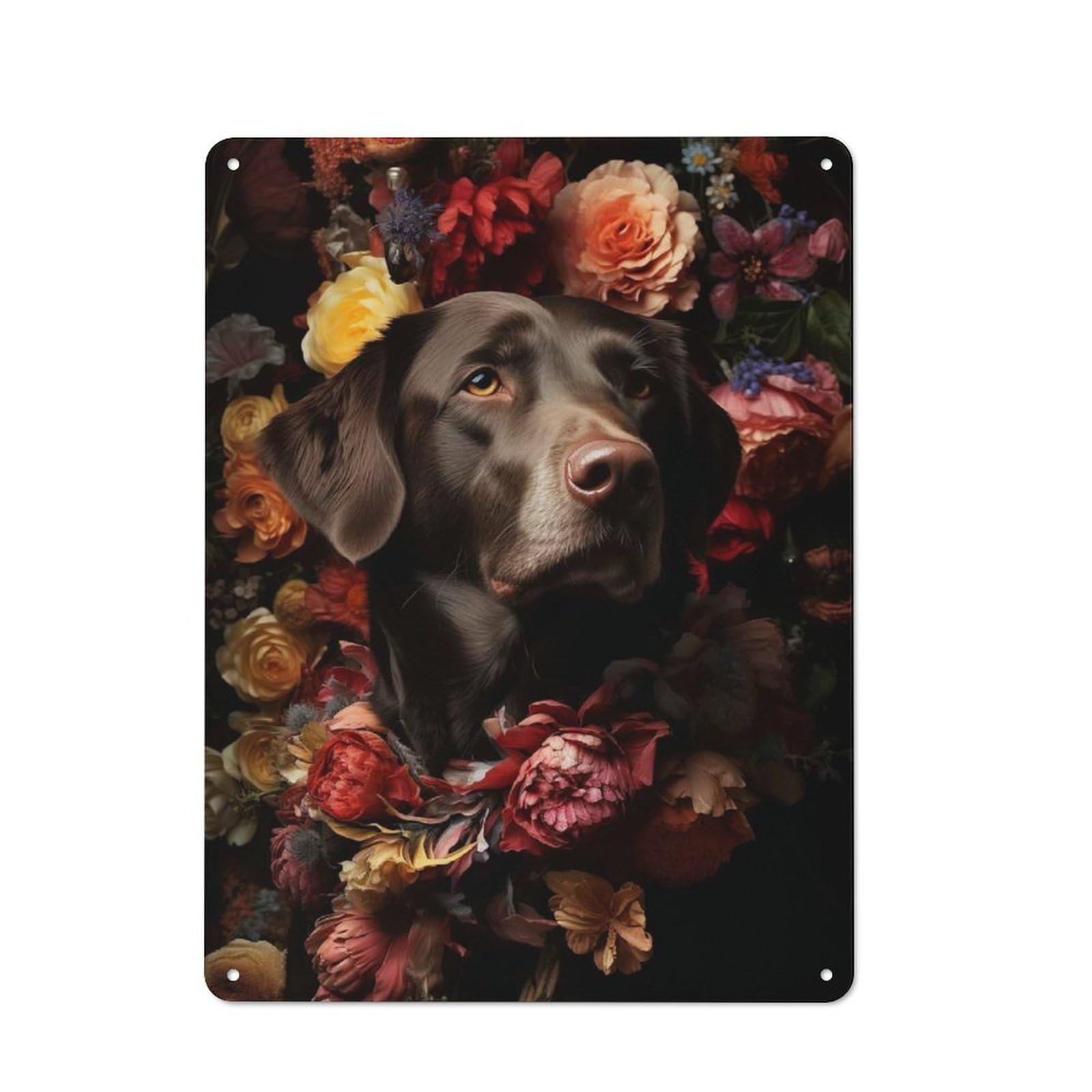 Tin Wall Plaque 40x30cm with Labrador in Flowers for Workshop Wall, Suited to Makers And DIY Enthusiasts