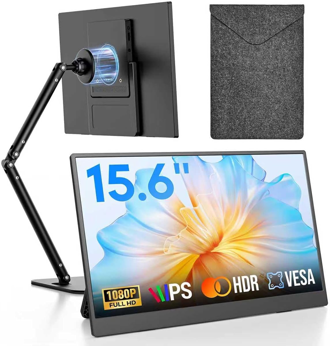 15.6" Portable Monitor with Stand FHD 1080P IPS Travel Monitor for Laptop | Magnetic Foldable Stand & Protective Case Included, USB-C & HDMI Screen Extender for Laptop Mac PC Phone Xbox PS4/5 Switch