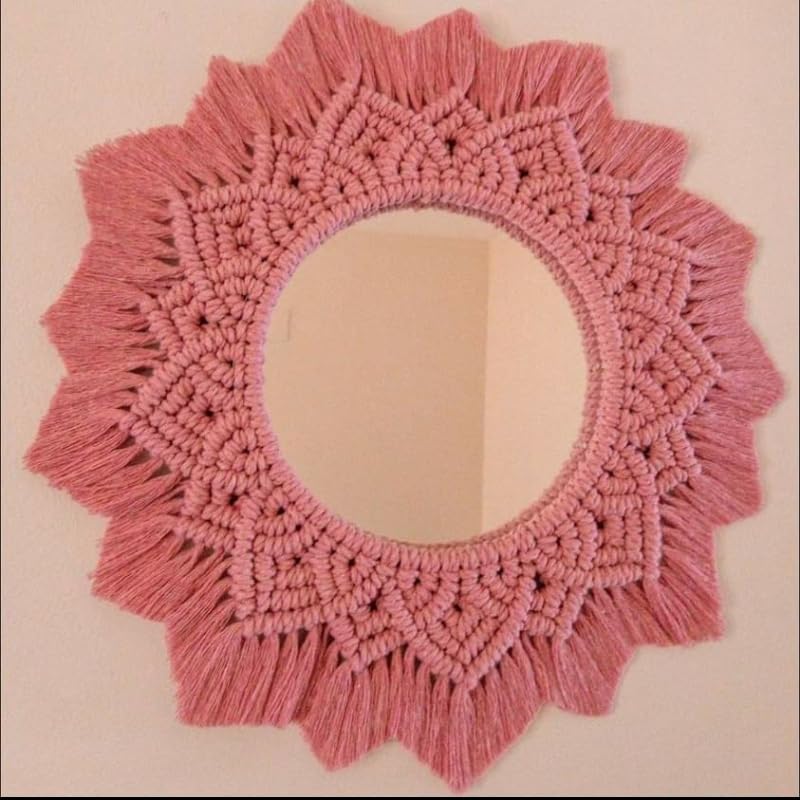MARUTI ISHT Macrame Wall Hanging Mirror Home Decor, Boho Round Decorative Aaina for Make-Up, Dressing Room, Living Room, Bedroom, Bathroom Decoration,18 x 18 Inches, Pink,1-Piece Style-04-image-5